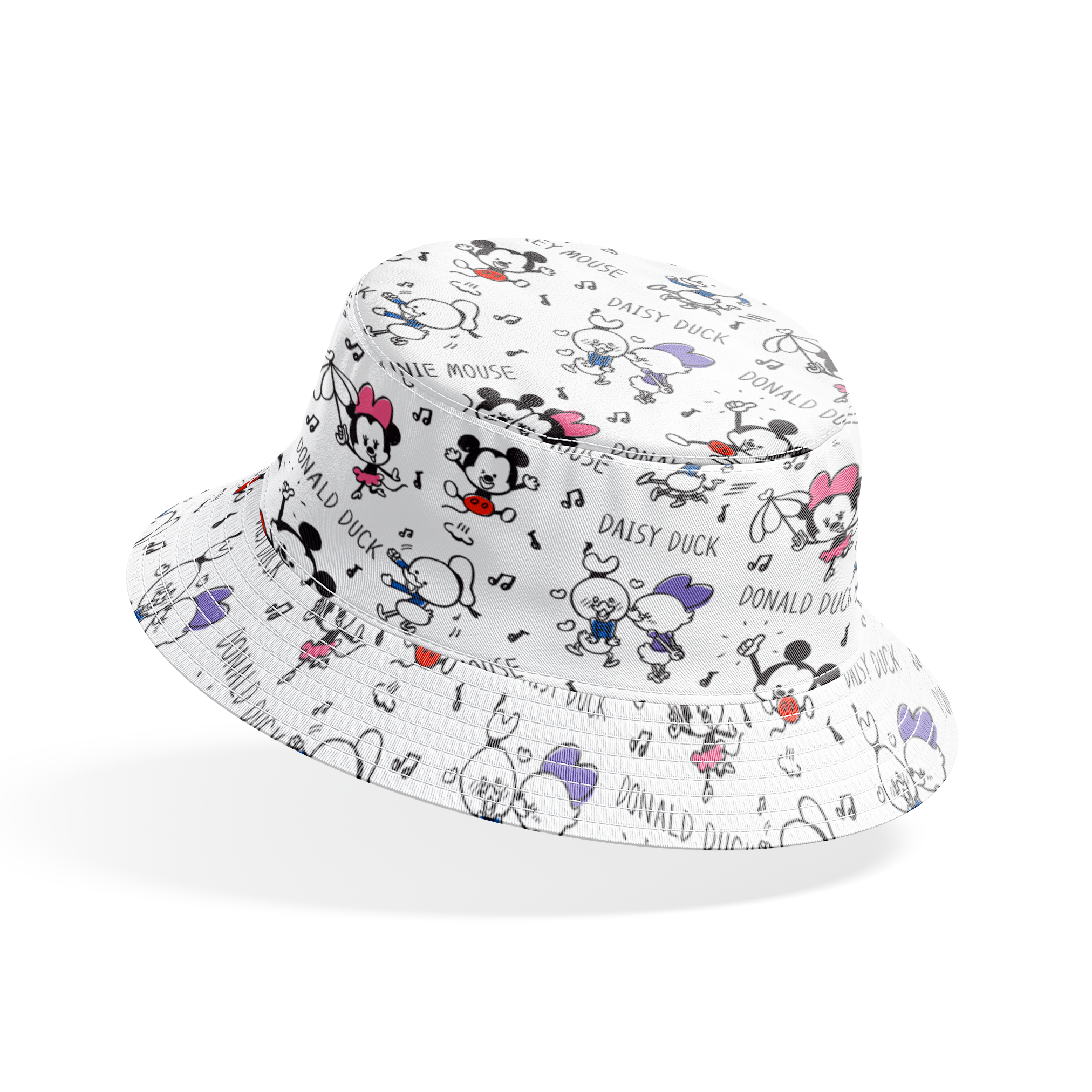 Classic Disney cartoon characters pattern with Mickey, Minnie, Donald, and Daisy with musical notes on white background. bucket hat mockup