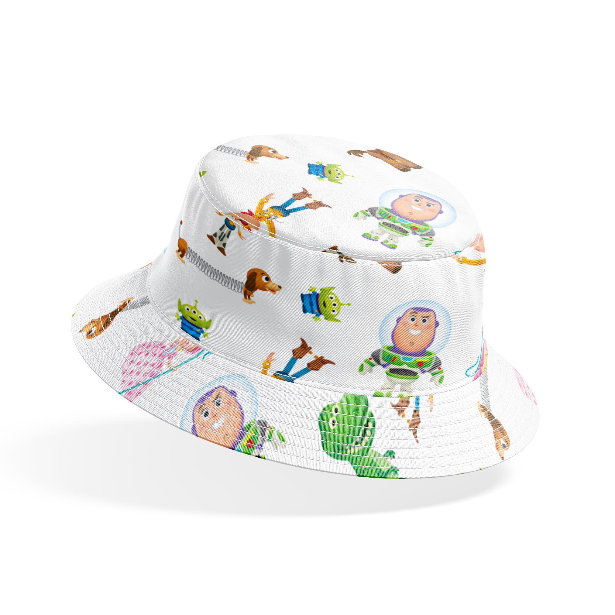 Toy Story character pattern with Woody, Buzz, Jessie, Rex, Slinky Dog and aliens on white background bucket hat mockup