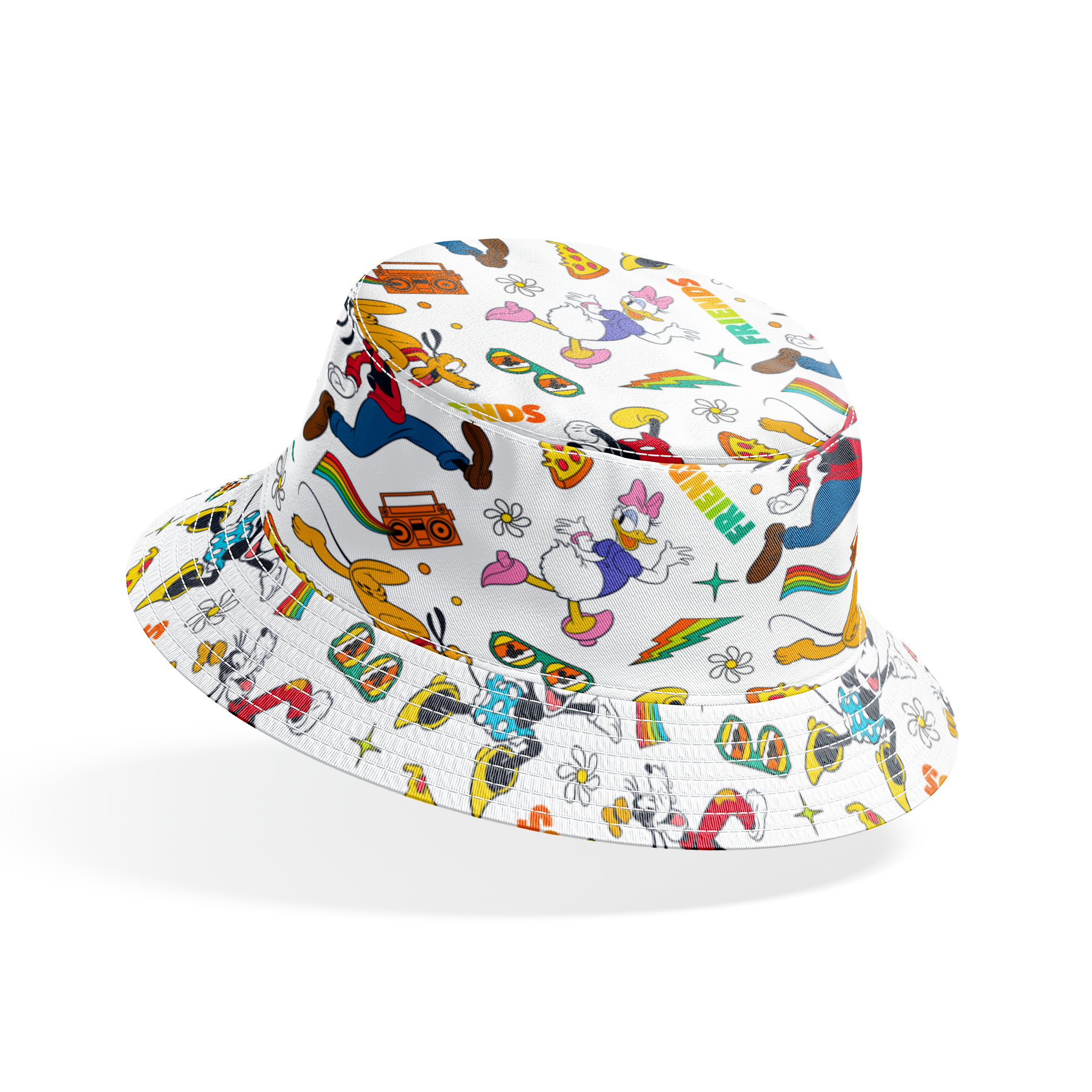 Cartoon pattern featuring classic Disney characters with radios, rainbows, sunglasses and "FRIENDS" text on white background. bucket hat mockup