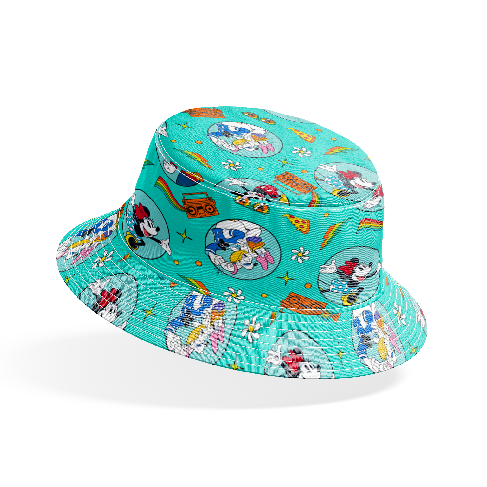 Colorful Mickey Mouse and friends pattern with pizza, boomboxes, sunglasses on teal background bucket hat mockup