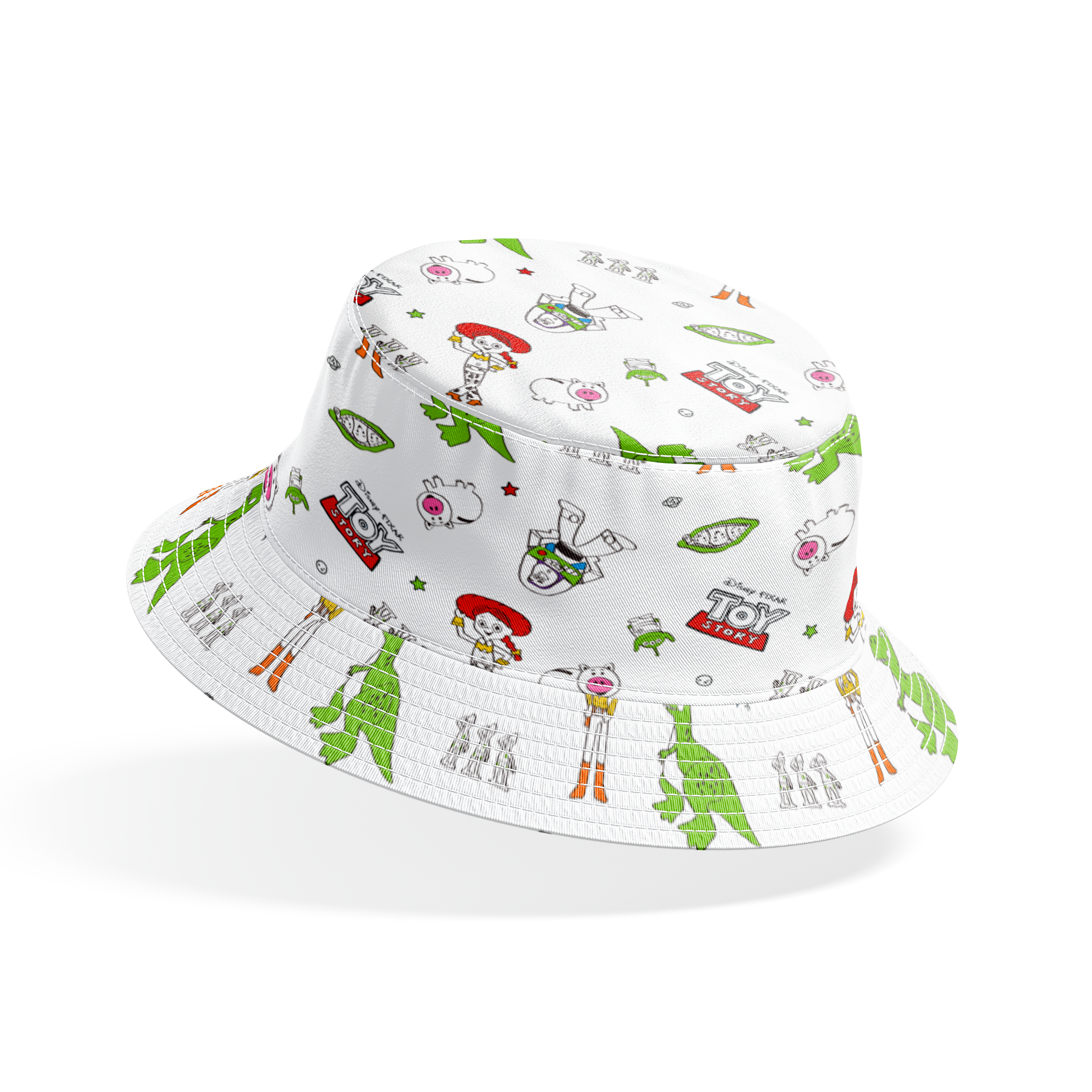 Toy Story pattern with Rex, Buzz, Woody, and alien characters scattered on white background bucket hat mockup