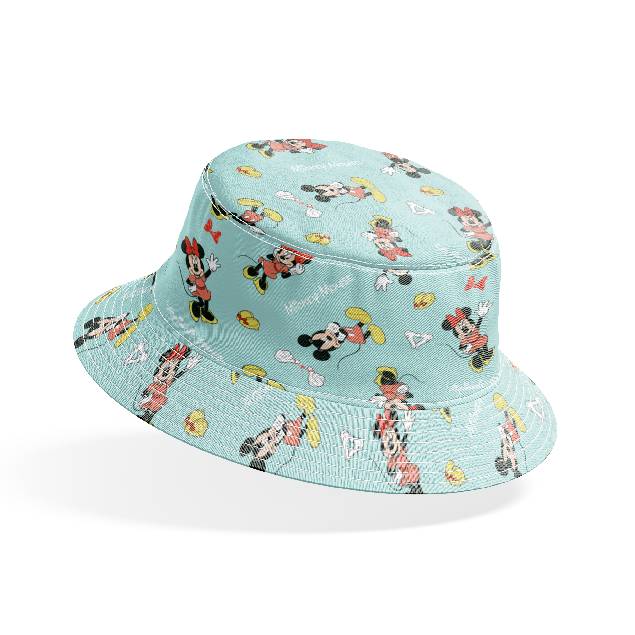 Mickey and Minnie Mouse pattern on light turquoise background with scattered characters, bows, and gloves bucket hat mockup