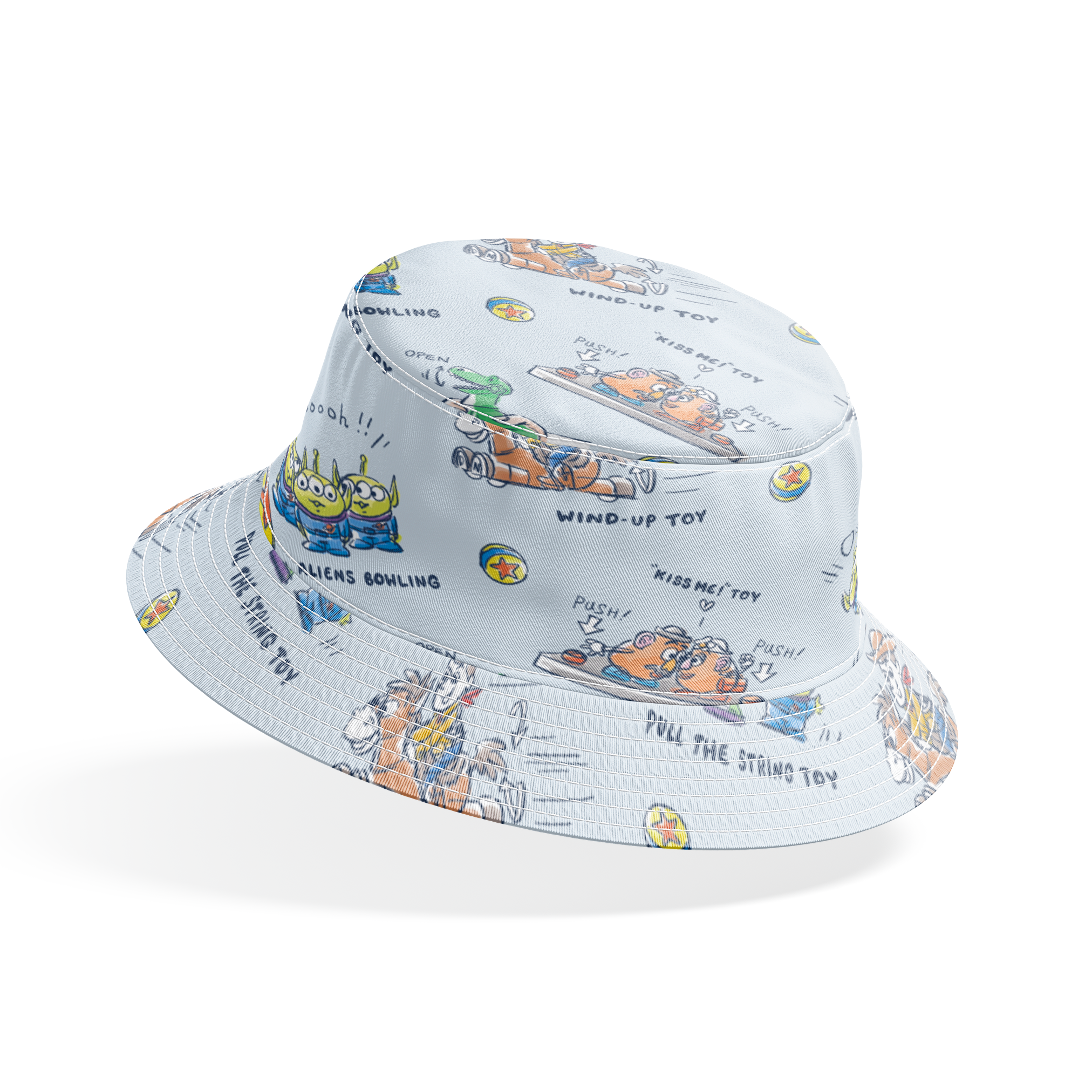 Illustrated Toy Story character designs showing wind-up, pull string, and action toys on light blue background bucket hat mockup