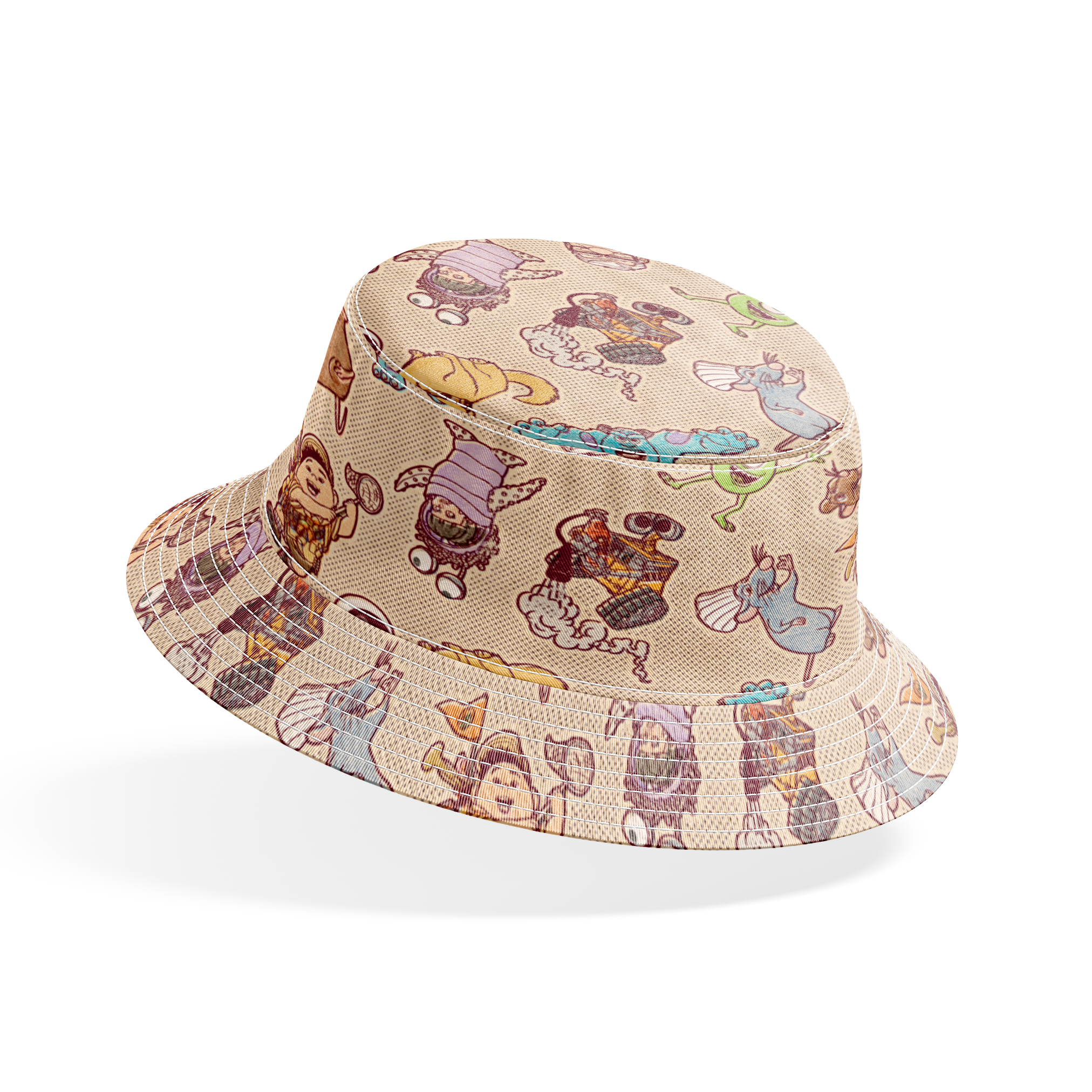 Cute cartoon pattern of Pixar characters including Wall-E, Sulley, and other characters on beige background bucket hat mockup