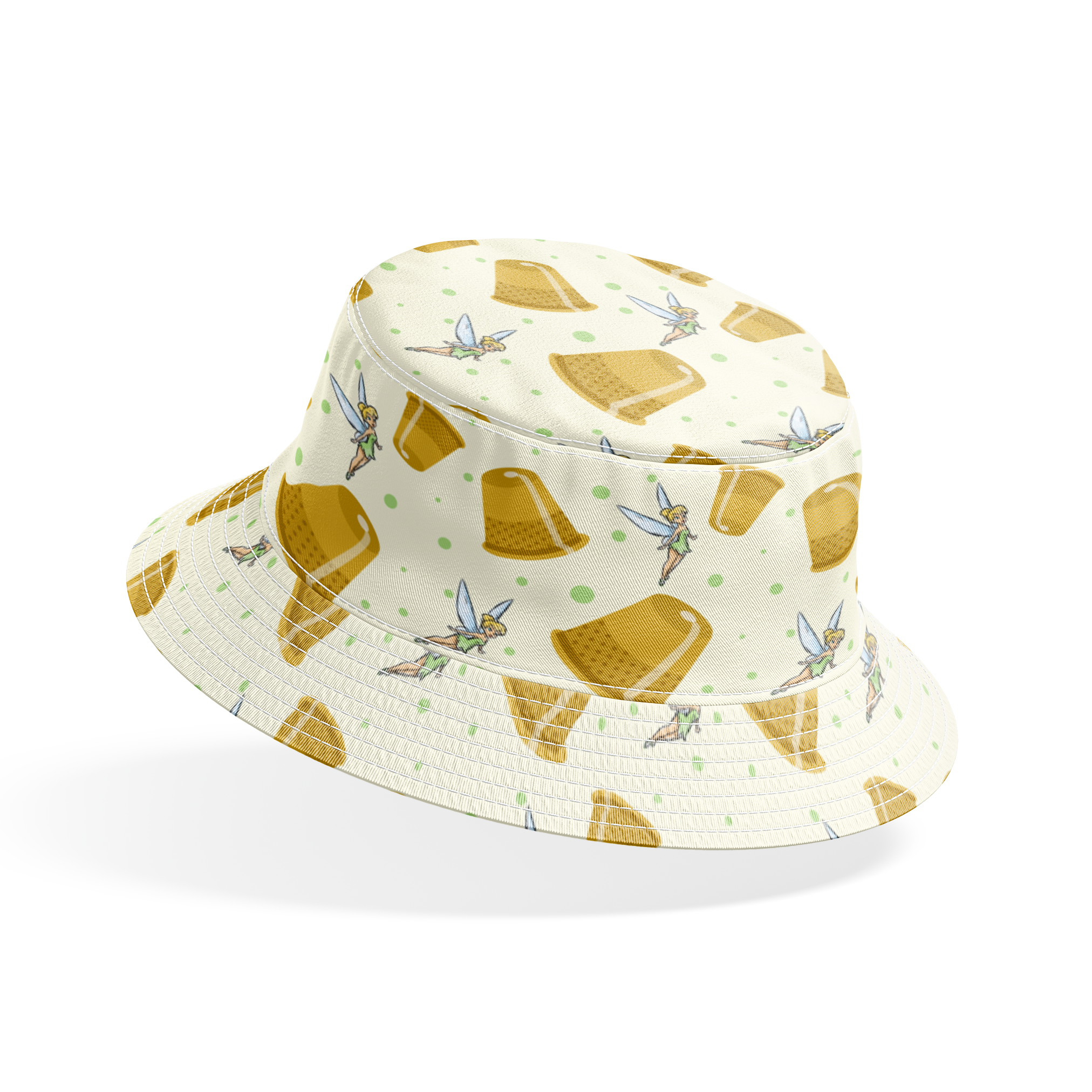 A pattern featuring Tinkerbell fairy with golden thimbles on a pale background with green dots. bucket hat mockup