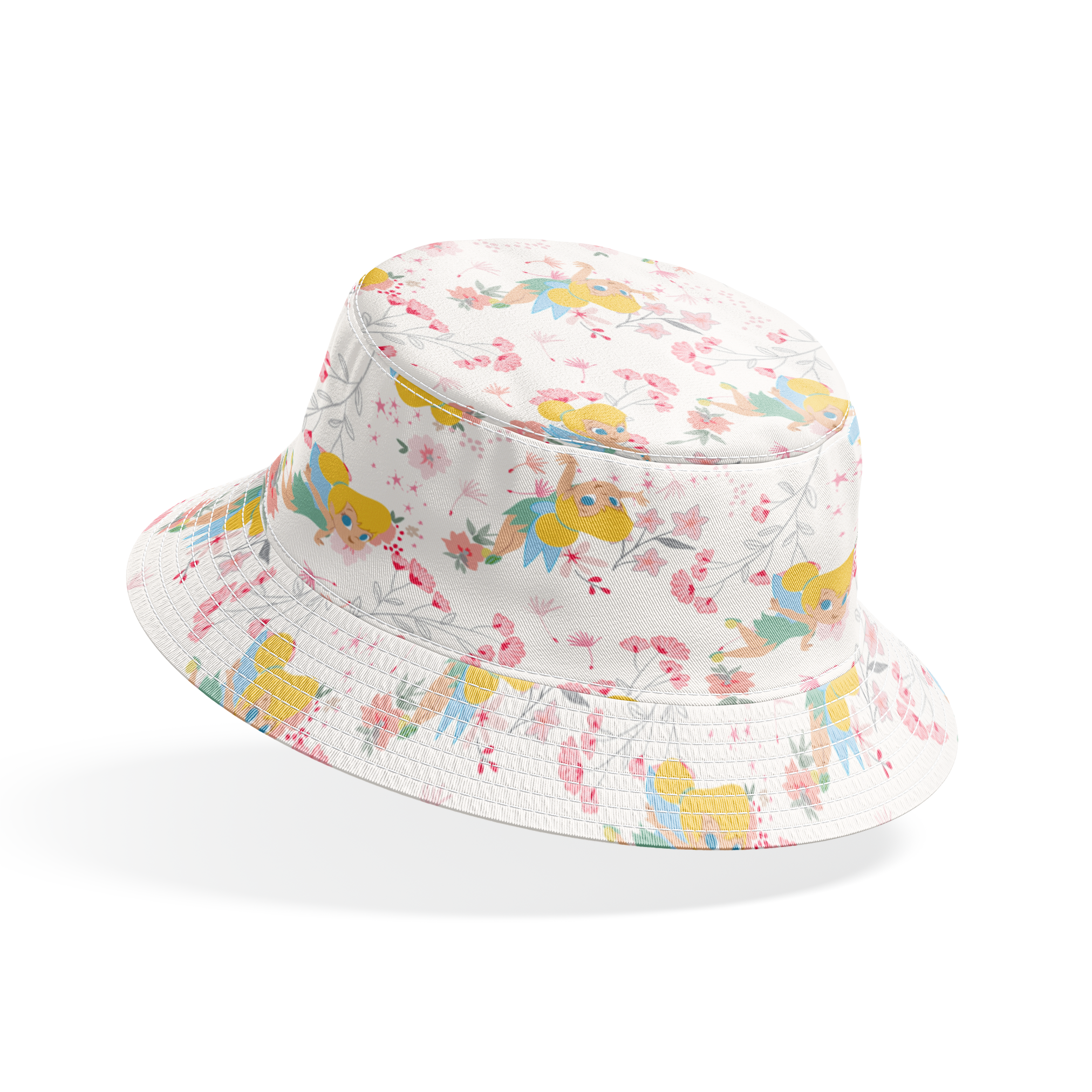 Whimsical pattern with Tinker Bell among pink flowers and green leaves on white background bucket hat mockup