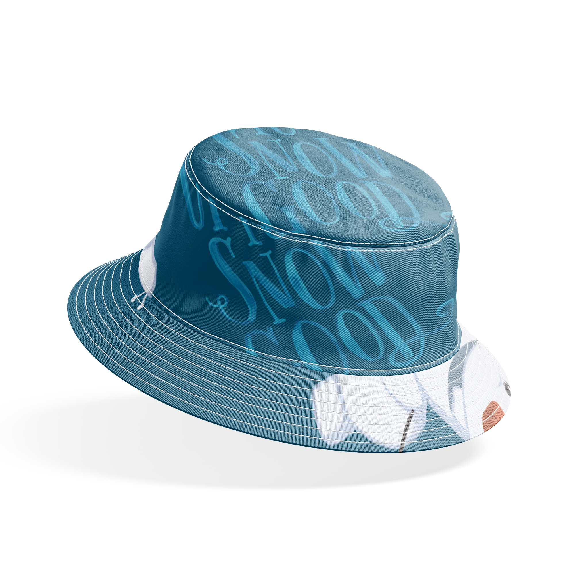 Playful Olaf pattern with "Let It Snow" text on teal background with snowflakes bucket hat mockup