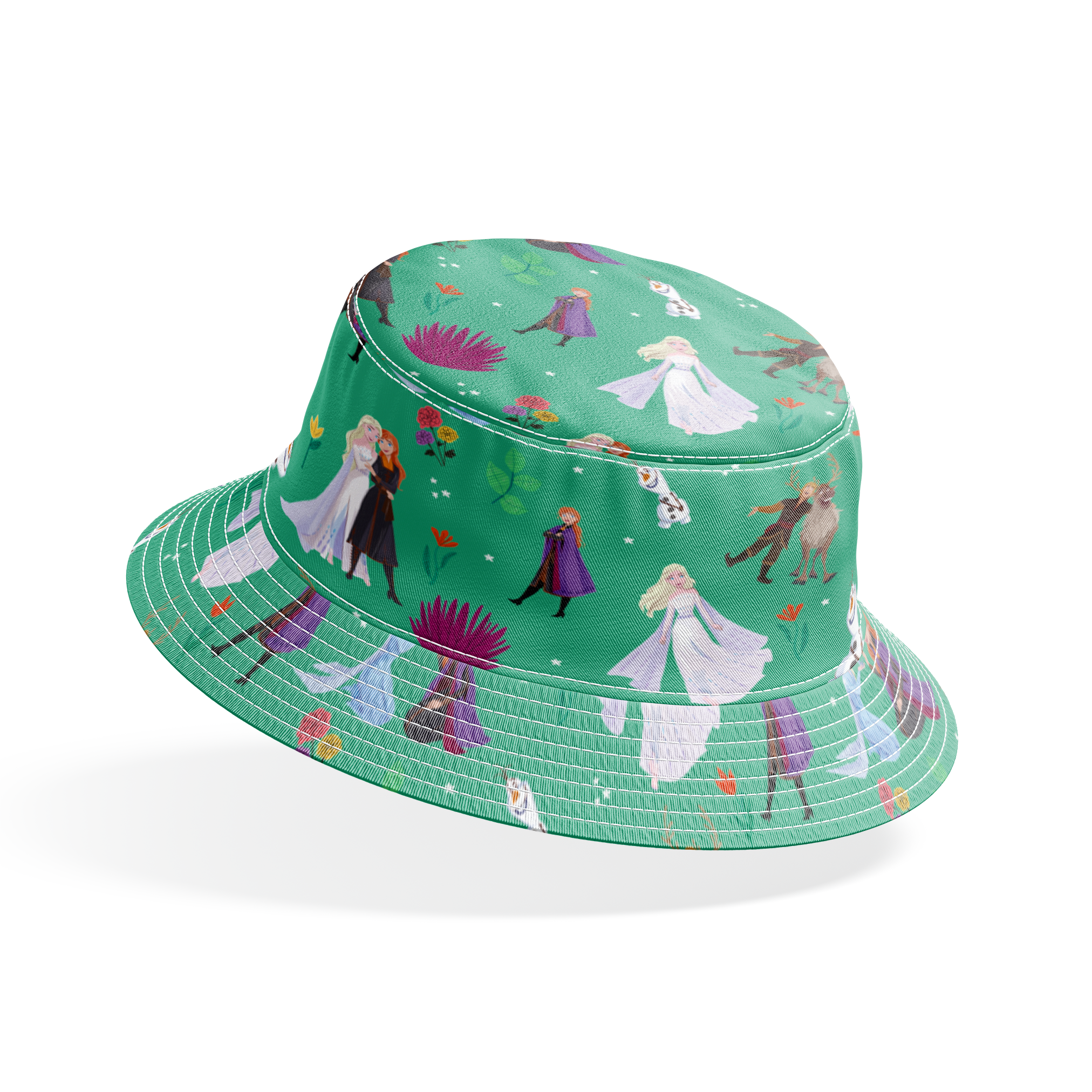 Pattern of animated characters from Frozen including Olaf the snowman, characters in formal attire, and colorful flowers on a green background. bucket hat mockup