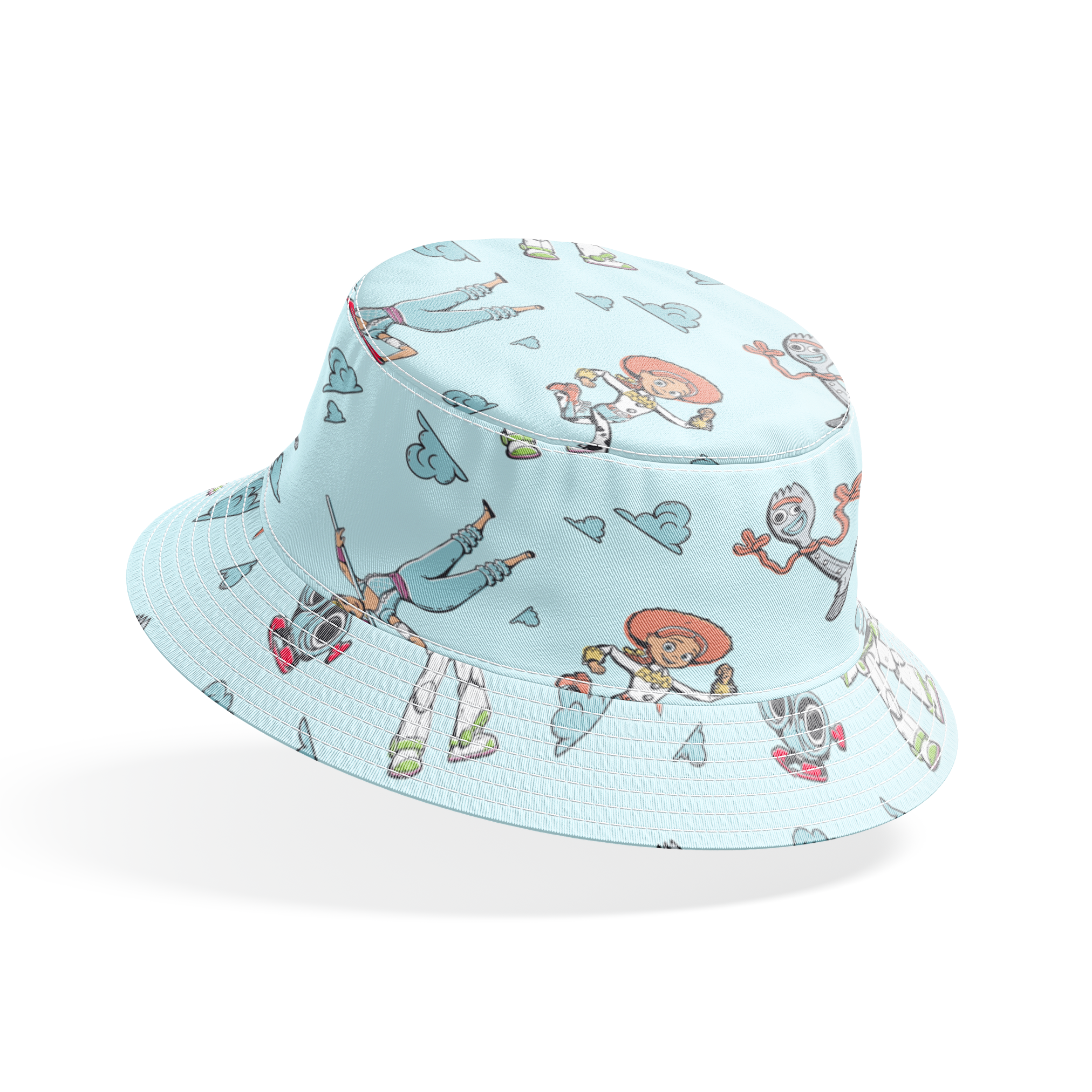 Cartoon characters from "Toy Story" floating on light blue background with cloud patterns bucket hat mockup
