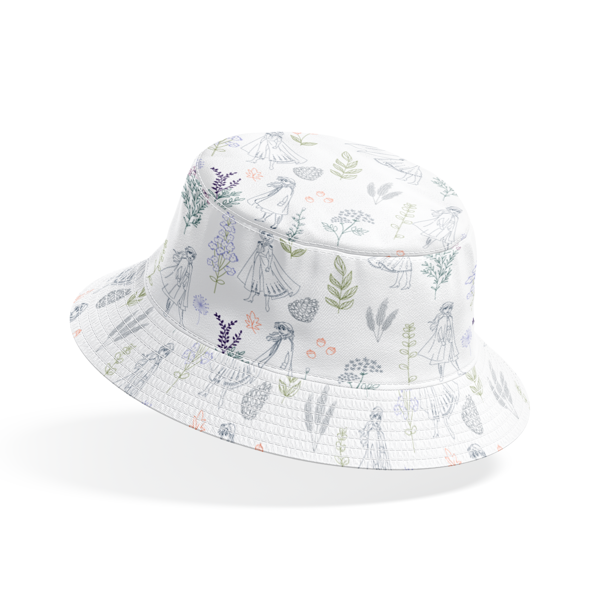 Delicate line drawing pattern of Elsa and Anna among botanical illustrations and flowers in soft colors bucket hat mockup