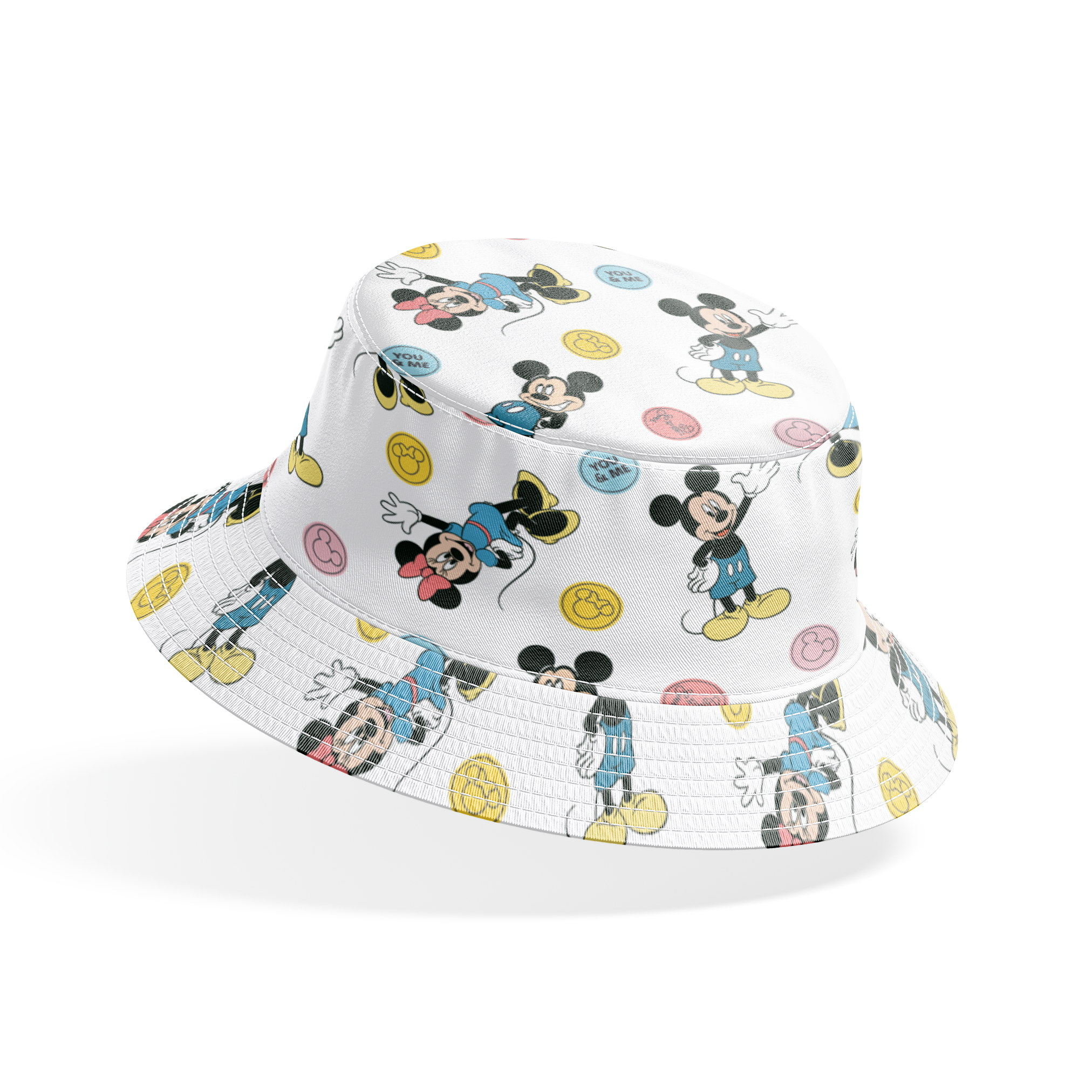 Mickey Mouse and Minnie Mouse cartoon pattern with colorful circles containing phrases on white background. bucket hat mockup