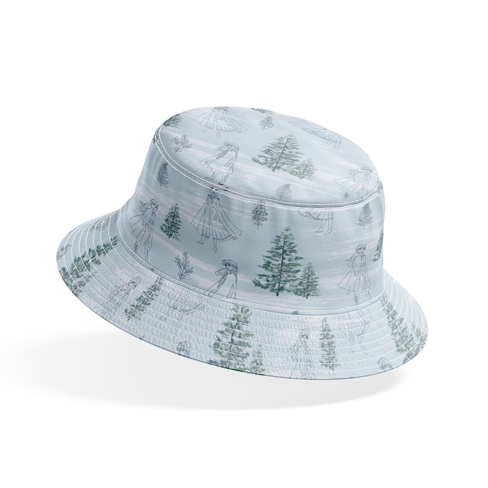 Pale blue pattern with delicate line drawings of pine trees, Elsa, and Anna across a wintry landscape bucket hat mockup