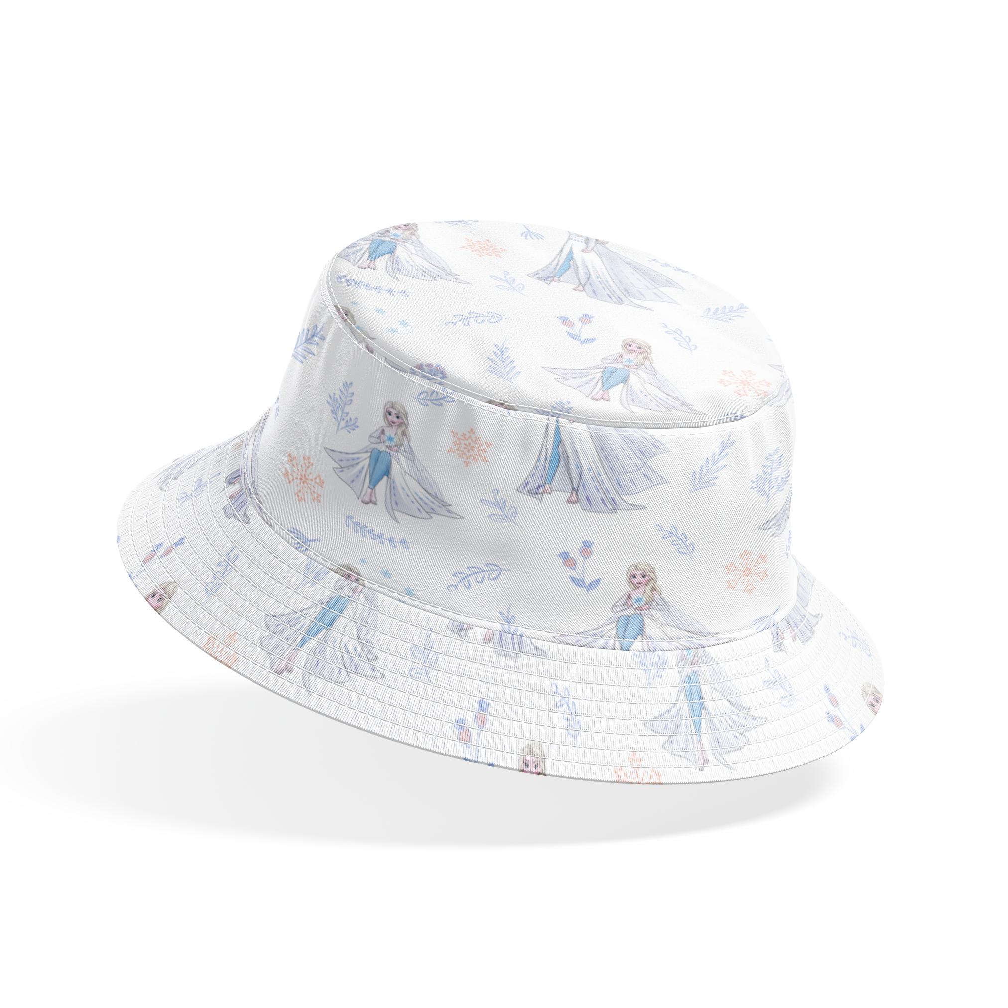 The image shows a decorative pattern featuringFrozen's Elsa, surrounded by delicate snowflakes, leaves, and floral elements in soft pastel colors on a light background. bucket hat mockup