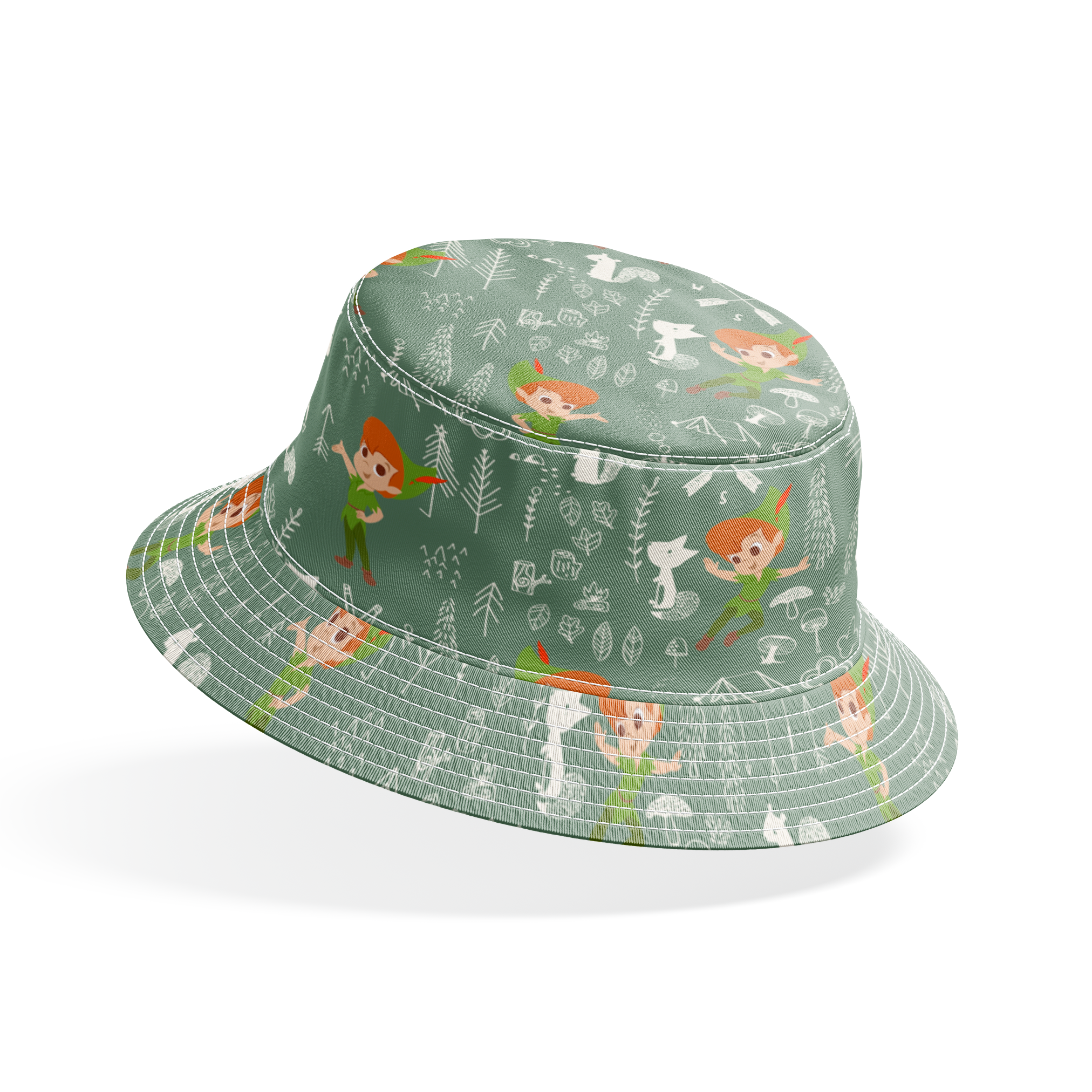 Illustrated forest pattern with cartoon characters in green outfits, white animals, and woodland elements on sage background. bucket hat mockup