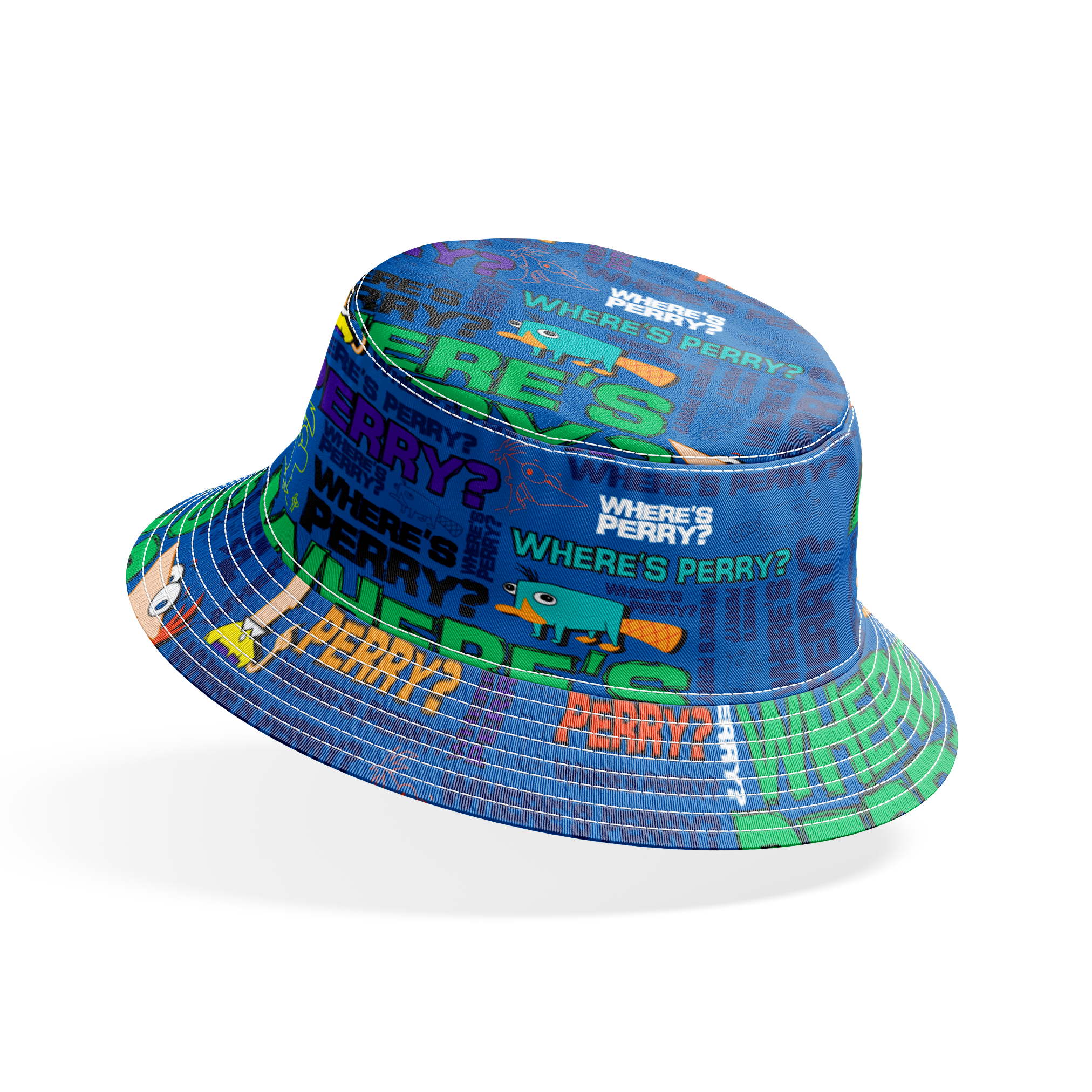 Phineas & Ferb pattern with "WHERE'S PERRY?" text repeated in various colors on blue background bucket hat mockup