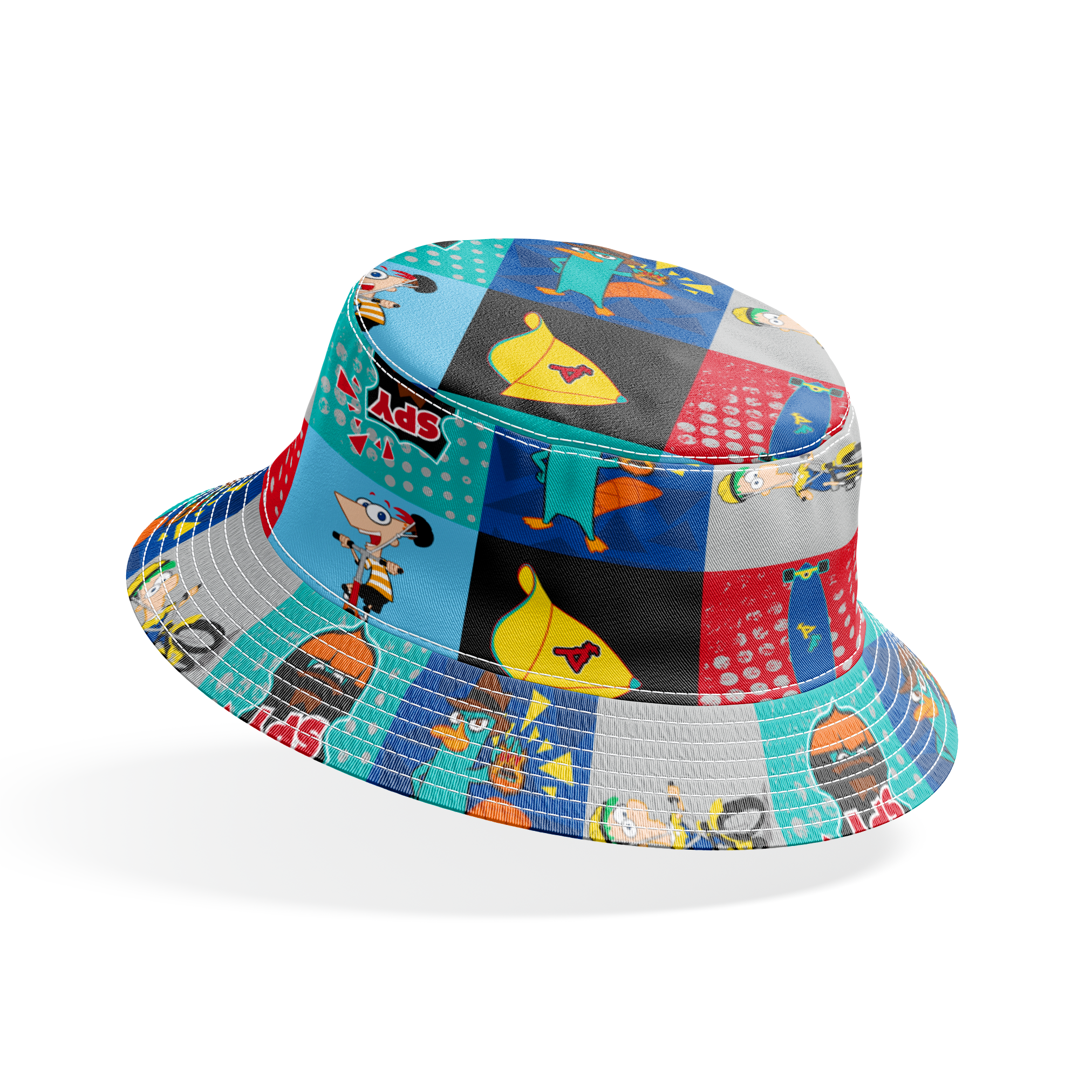 Phineas and Ferb cartoon characters in 9-square grid featuring Perry, logos, and mechanical designs bucket hat mockup