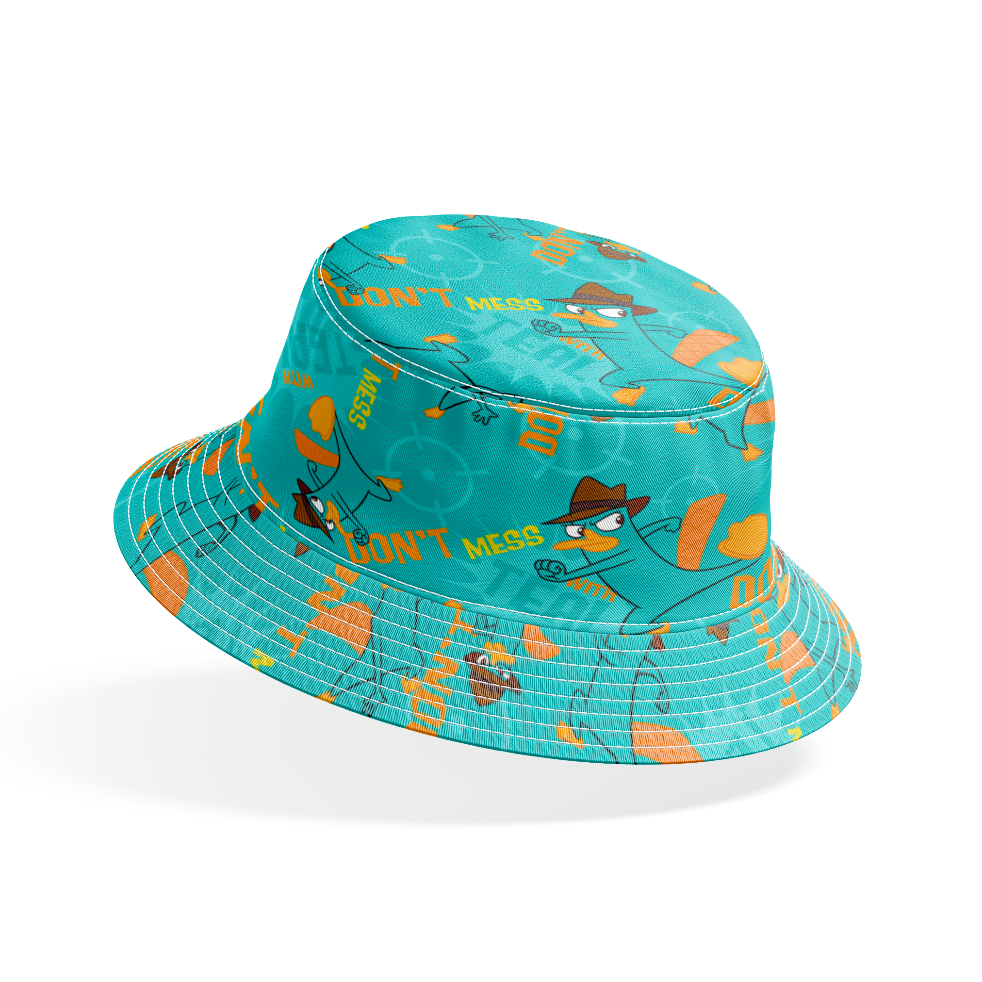 Cartoon pattern of platypus character in fedora hat with orange elements on teal background bucket hat mockup