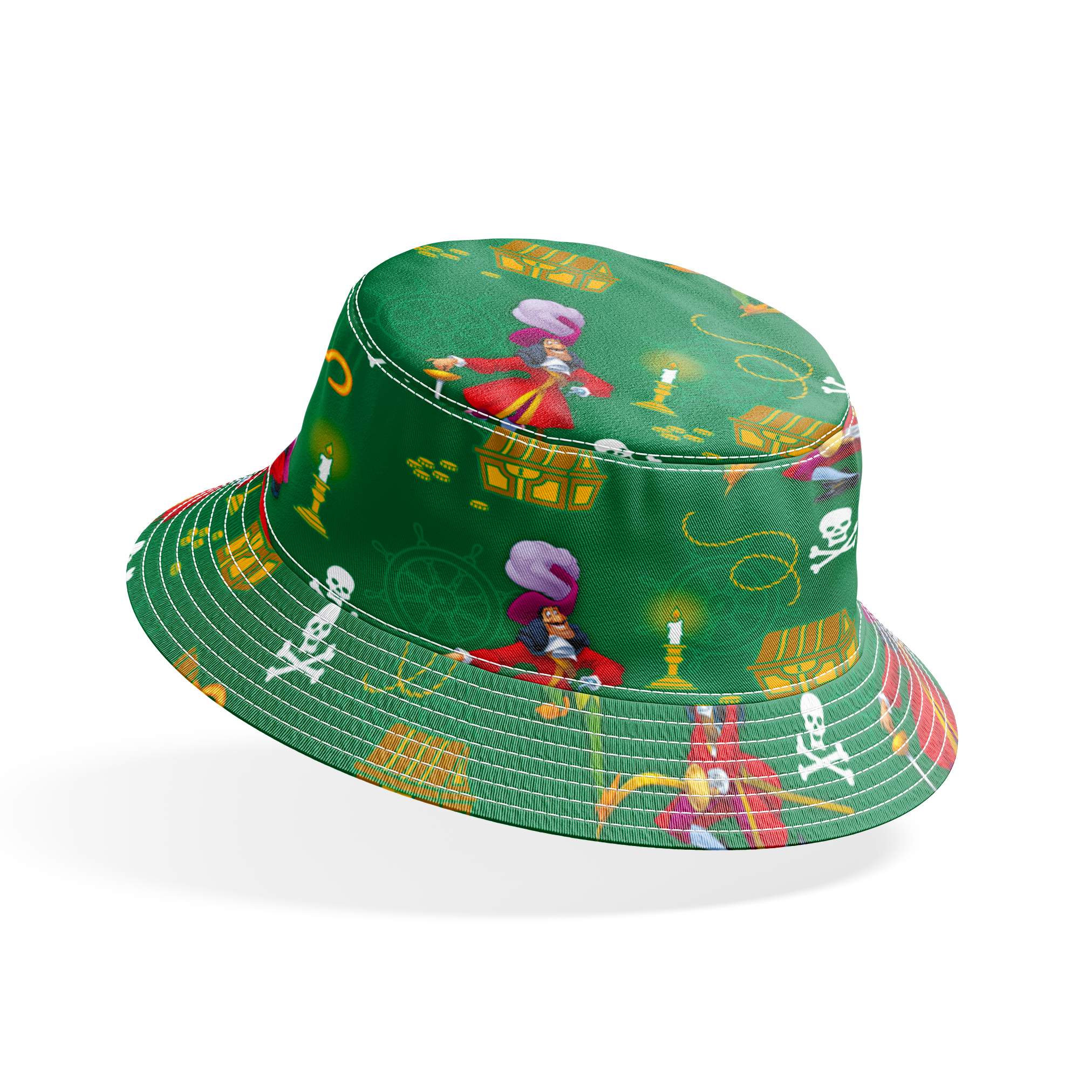 Peter Pan-themed pattern with Captain Hook, treasure chests, skulls, and golden hooks on green background. bucket hat mockup