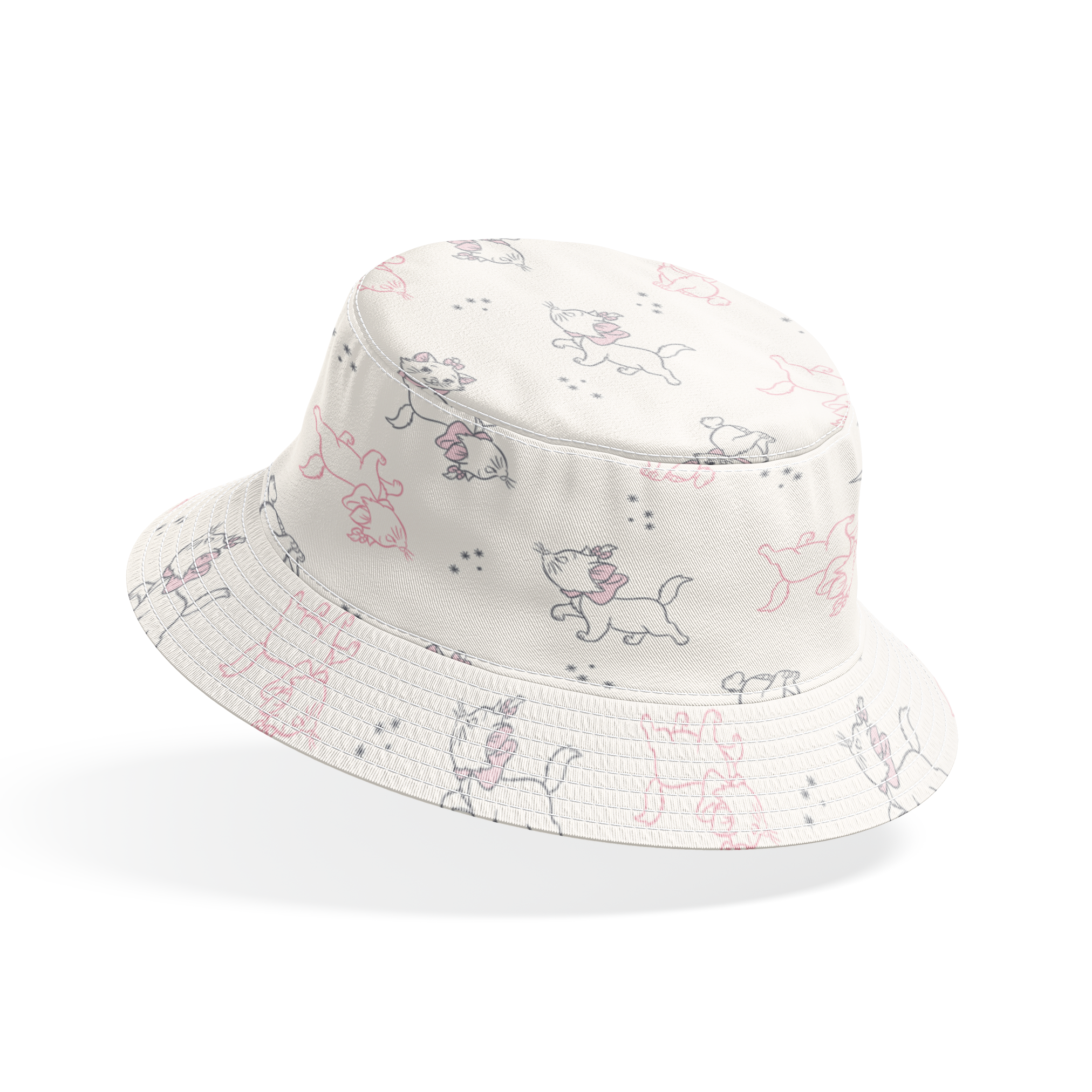 Line drawing pattern of Marie in pink and gray on cream background with small star accents bucket hat mockup