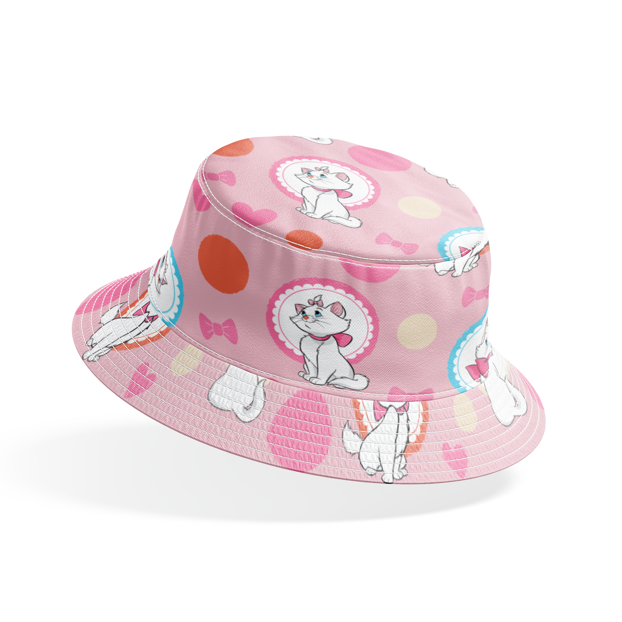 Marie from The Aristocats with pink bows in decorative circular frames on pink polka dot background with bow motifs bucket hat mockup