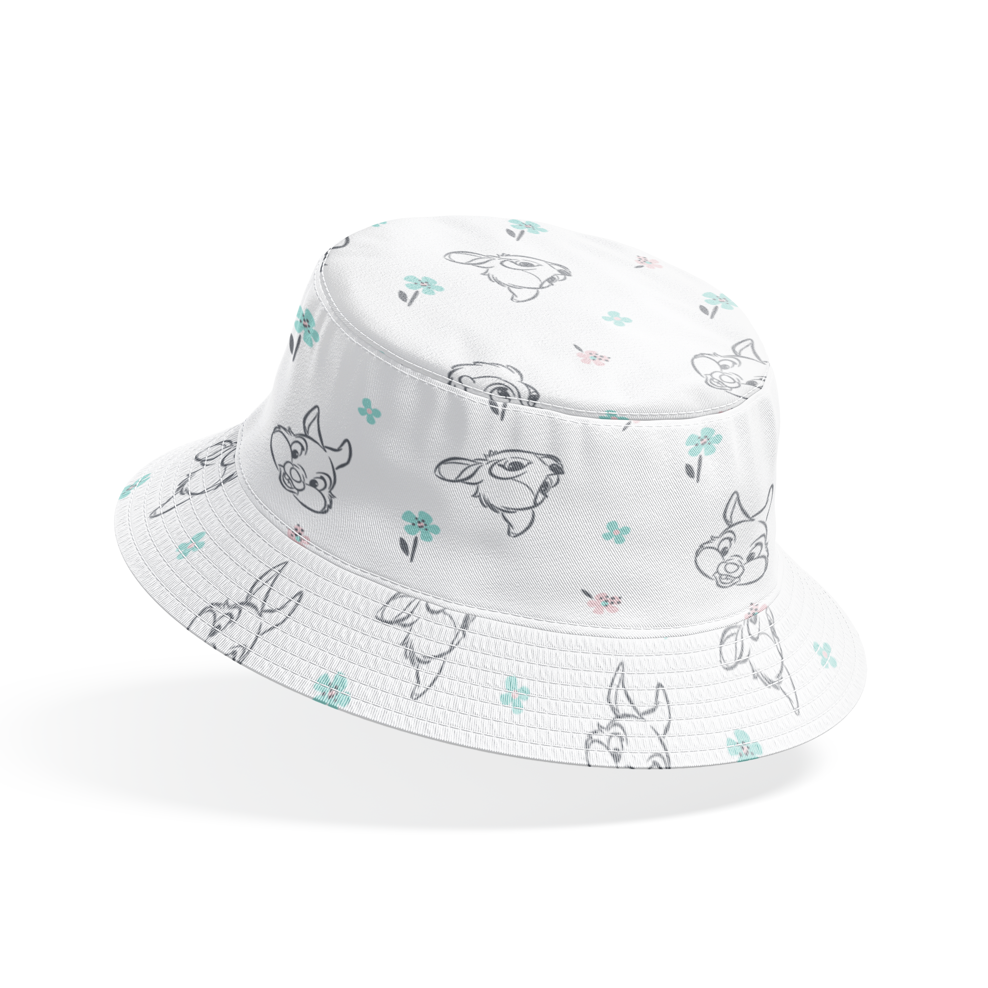 Sketch-style animals from Disney Bambi with pastel flowers on a white background. bucket hat mockup