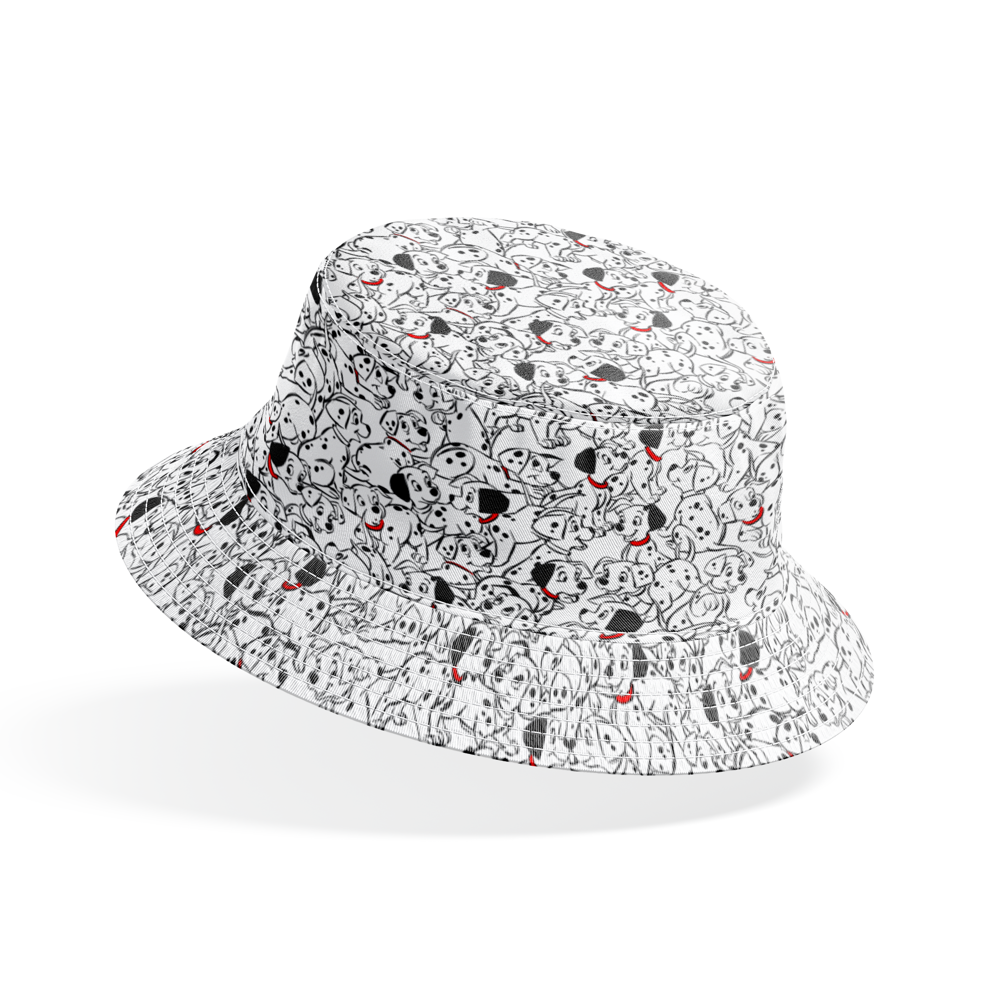A densely packed pattern of Dalmatian puppies with black spots and red collars, creating a whimsical black and white illustration. bucket hat mockup