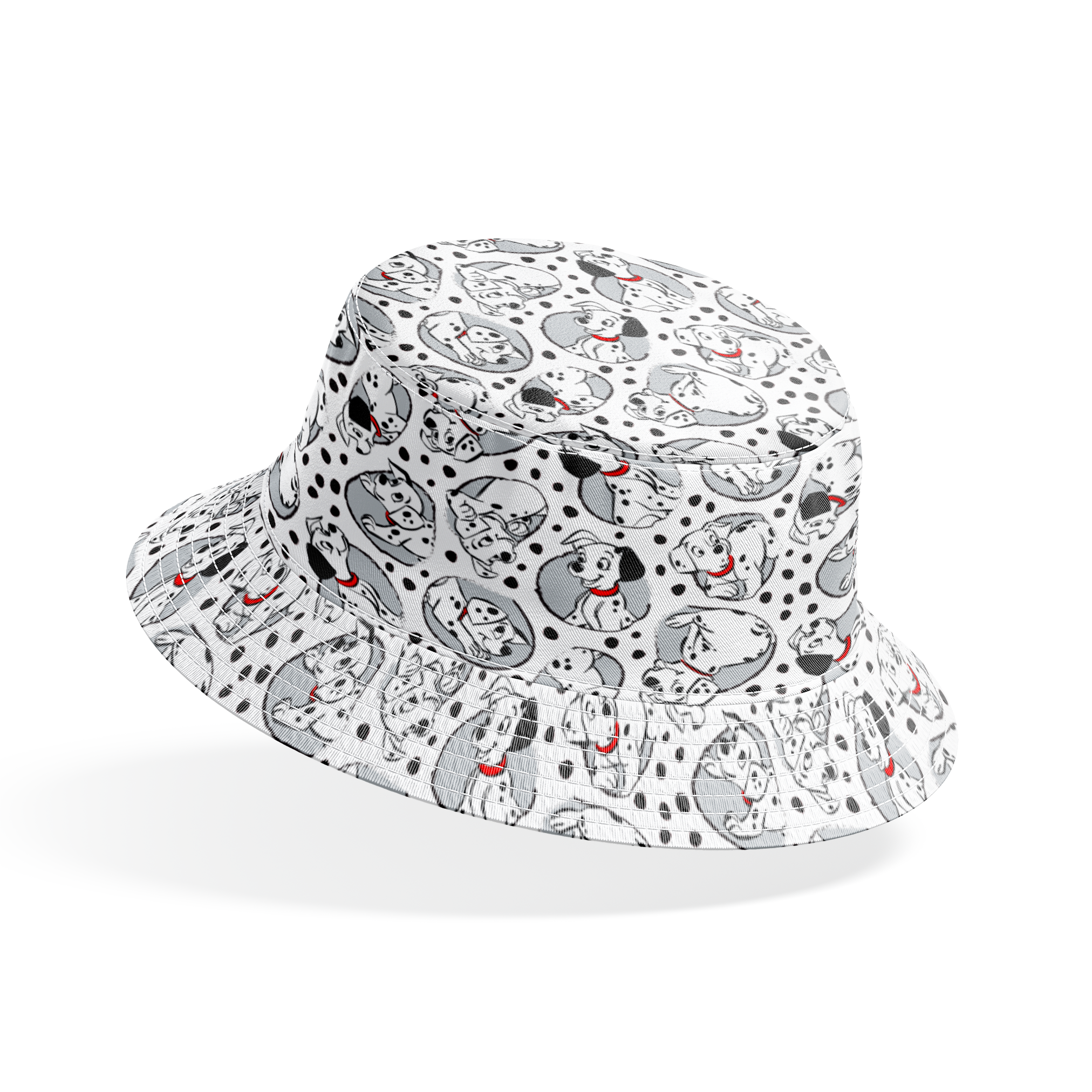 Cartoon pattern of Dalmatian puppies with black spots and red collars on white background bucket hat mockup