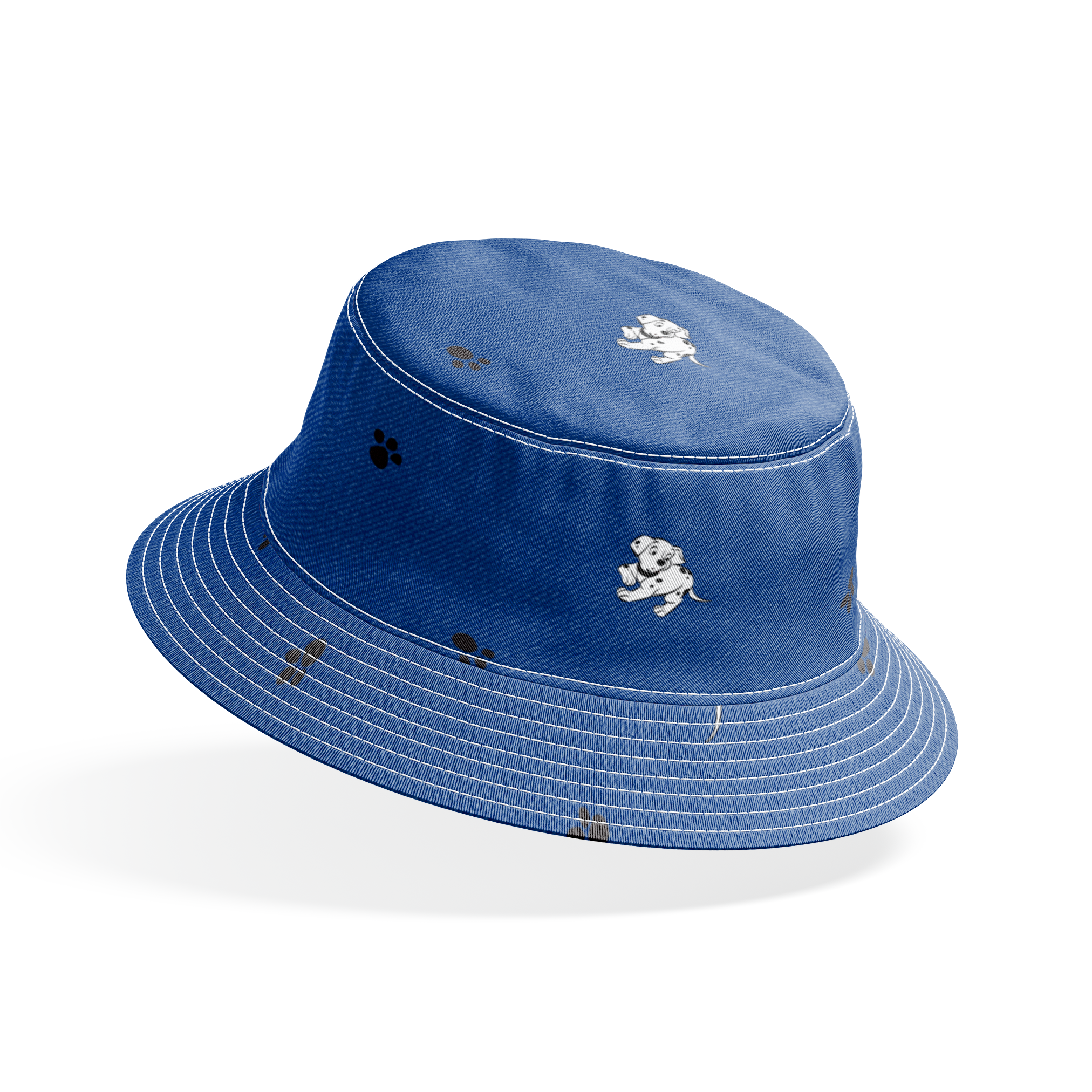 Blue background with small white cartoon-style space astronauts and black paw prints scattered across the pattern bucket hat mockup