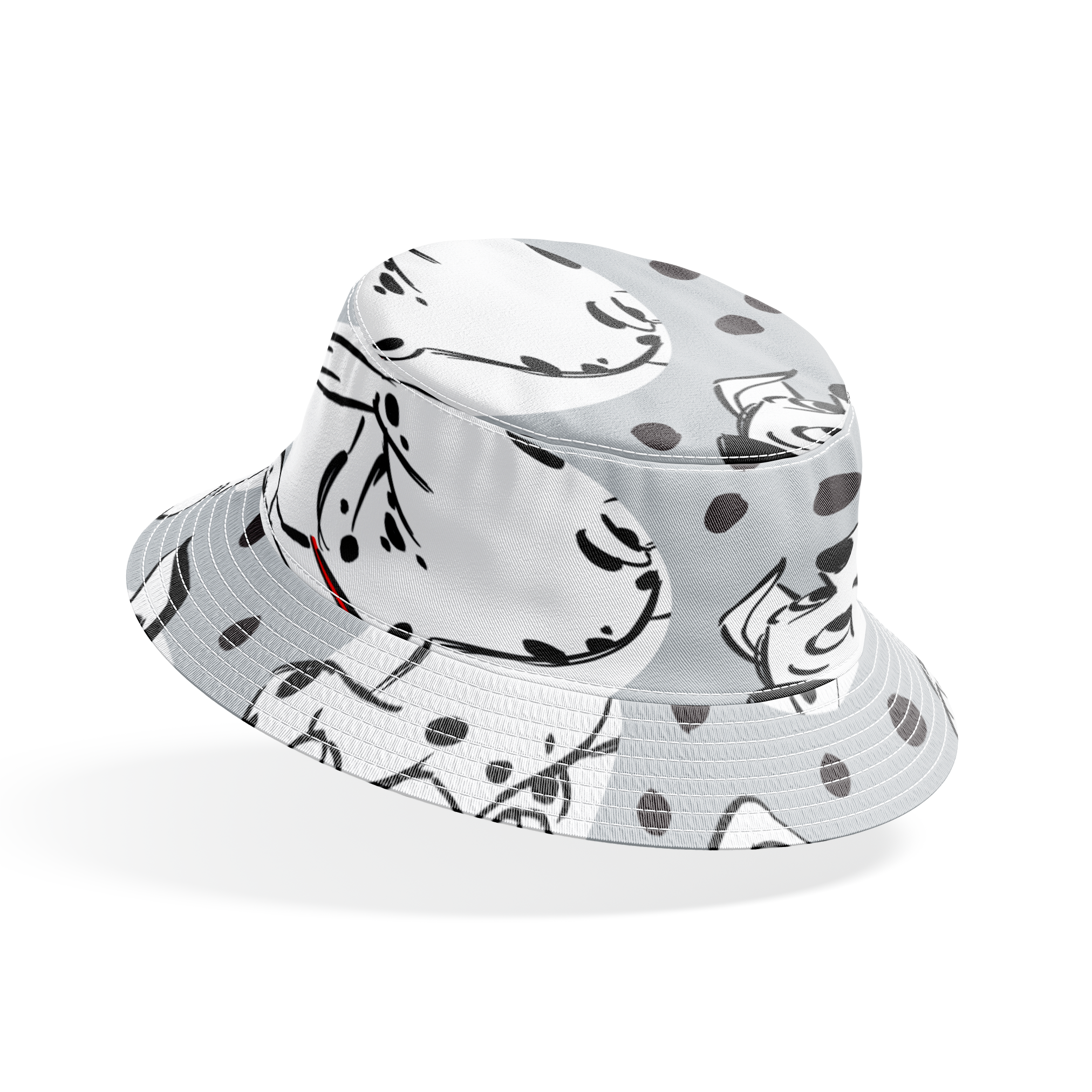 Cartoon Dalmatian dogs with red collars on gray background with black spots pattern bucket hat mockup
