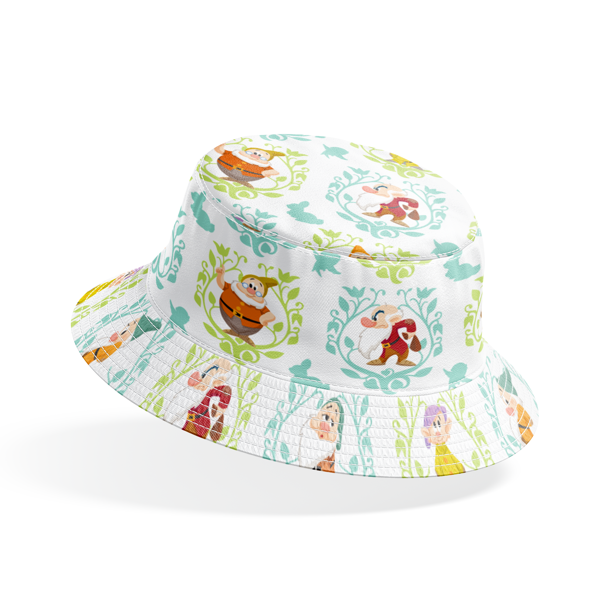 Cartoon pattern of Snow White's seven dwarfs in decorative floral frames on light background bucket hat mockup