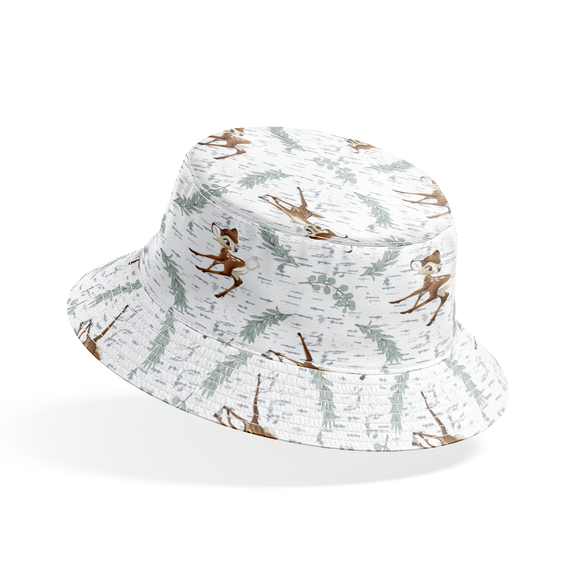 Disney’s Bambi surrounded by sage green sprigs, leafy branches, and birch bark textures on a white background in a woodland-themed scattered repeat. bucket hat mockup