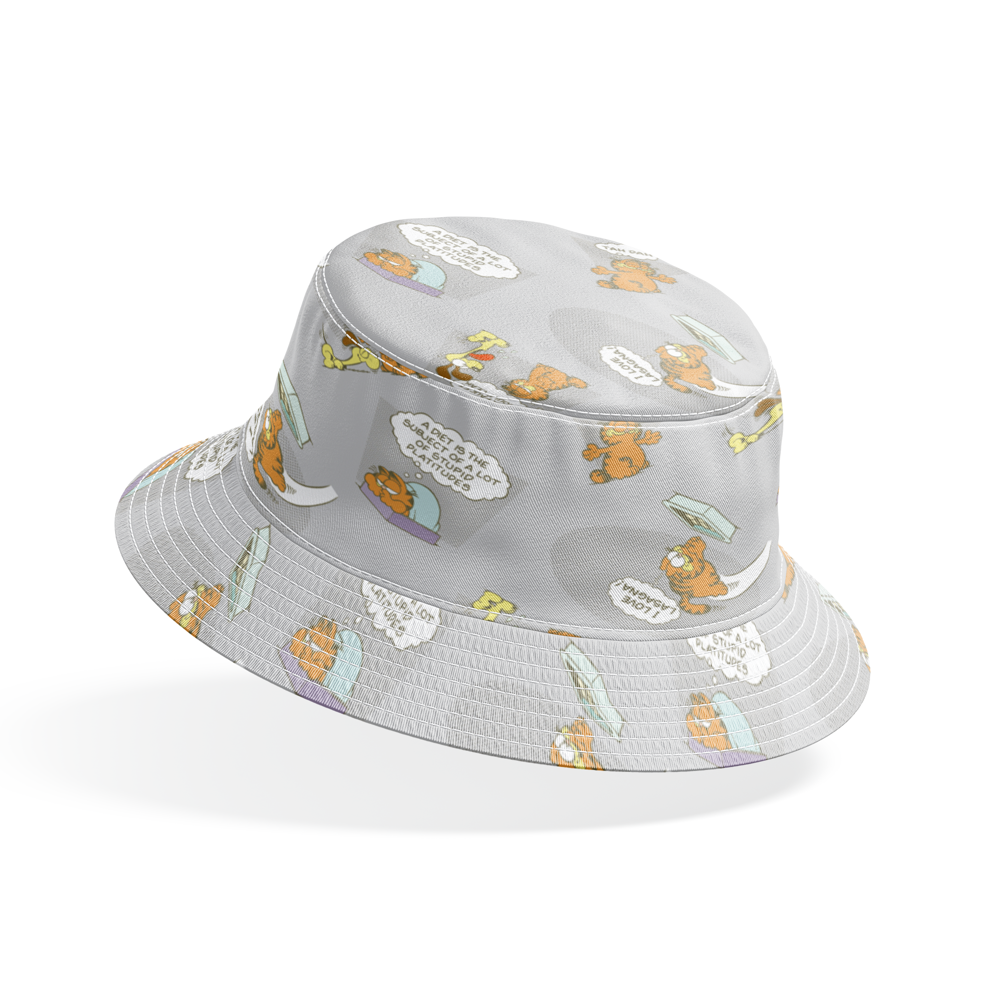 Cartoon Garfield pattern with various poses of the orange cat and speech bubbles on gray background bucket hat mockup