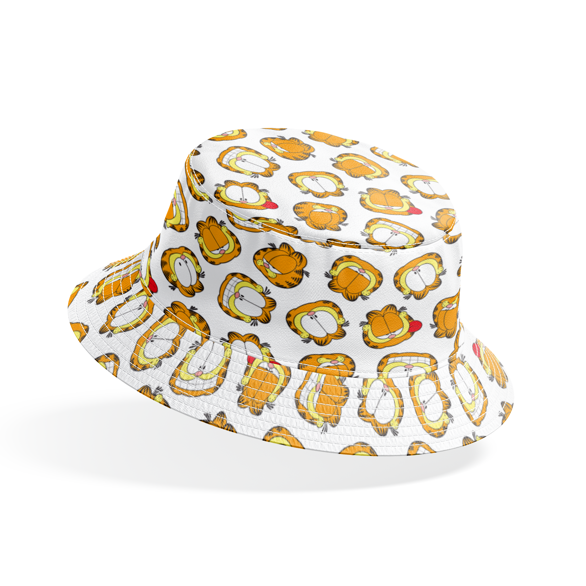 Pattern of cartoon cat faces with orange and yellow coloring against white background bucket hat mockup