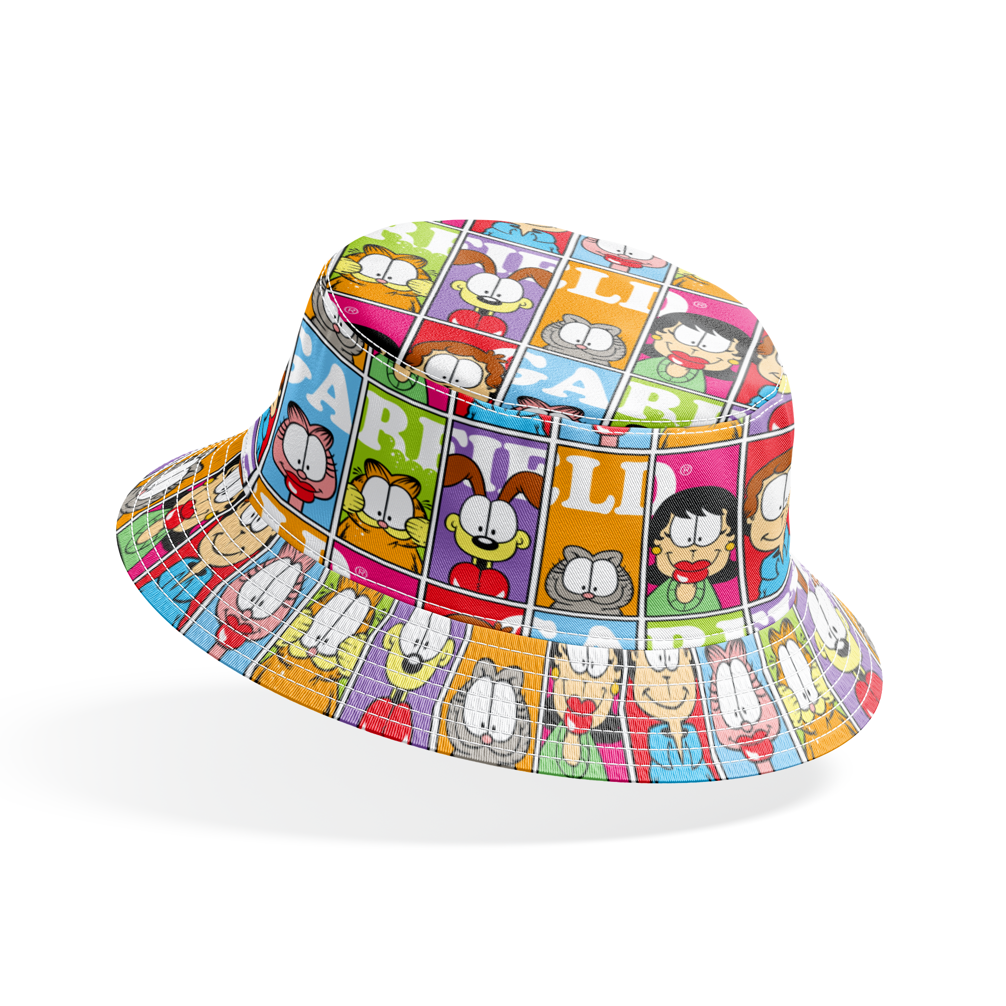 Colorful comic grid pattern with Garfield characters and letters arranged in repeating squares bucket hat mockup