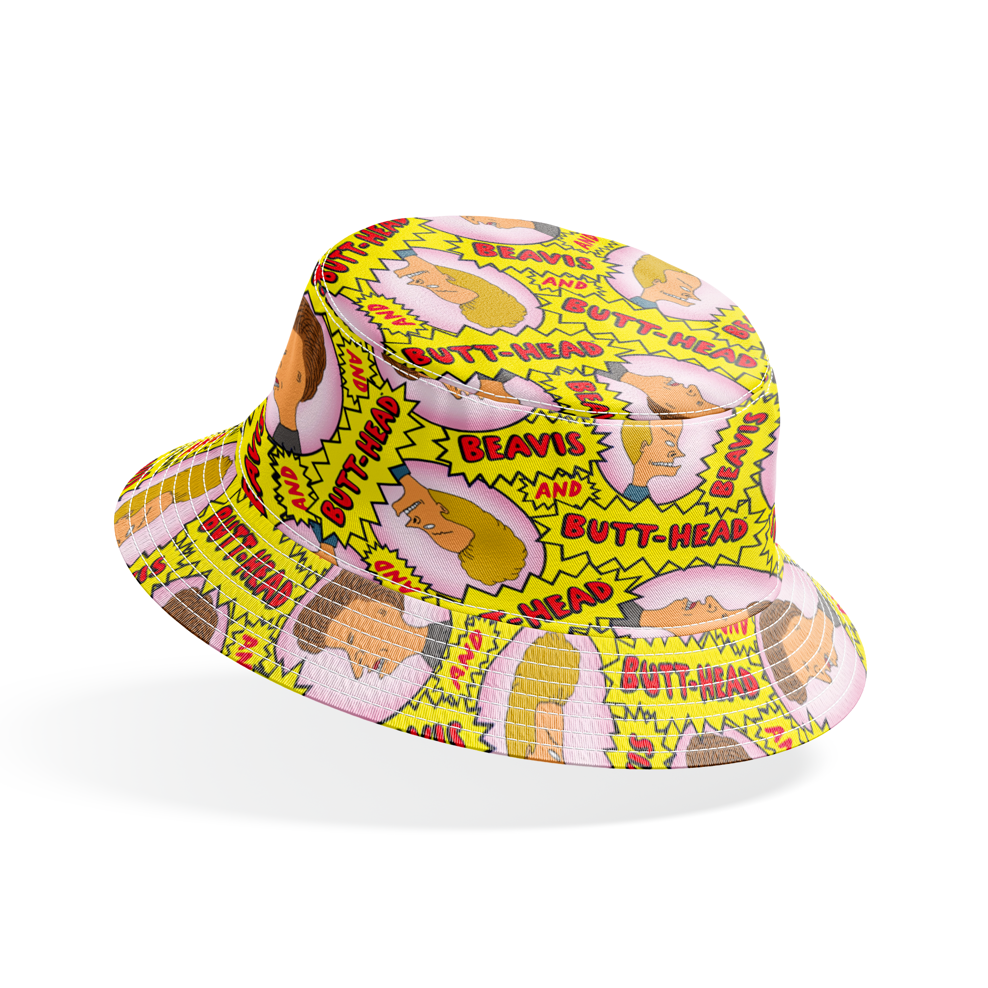 Yellow pattern with cartoon characters and text "BEAVIS" and "BUTT-HEAD" in comic-style speech bubbles repeated throughout bucket hat mockup