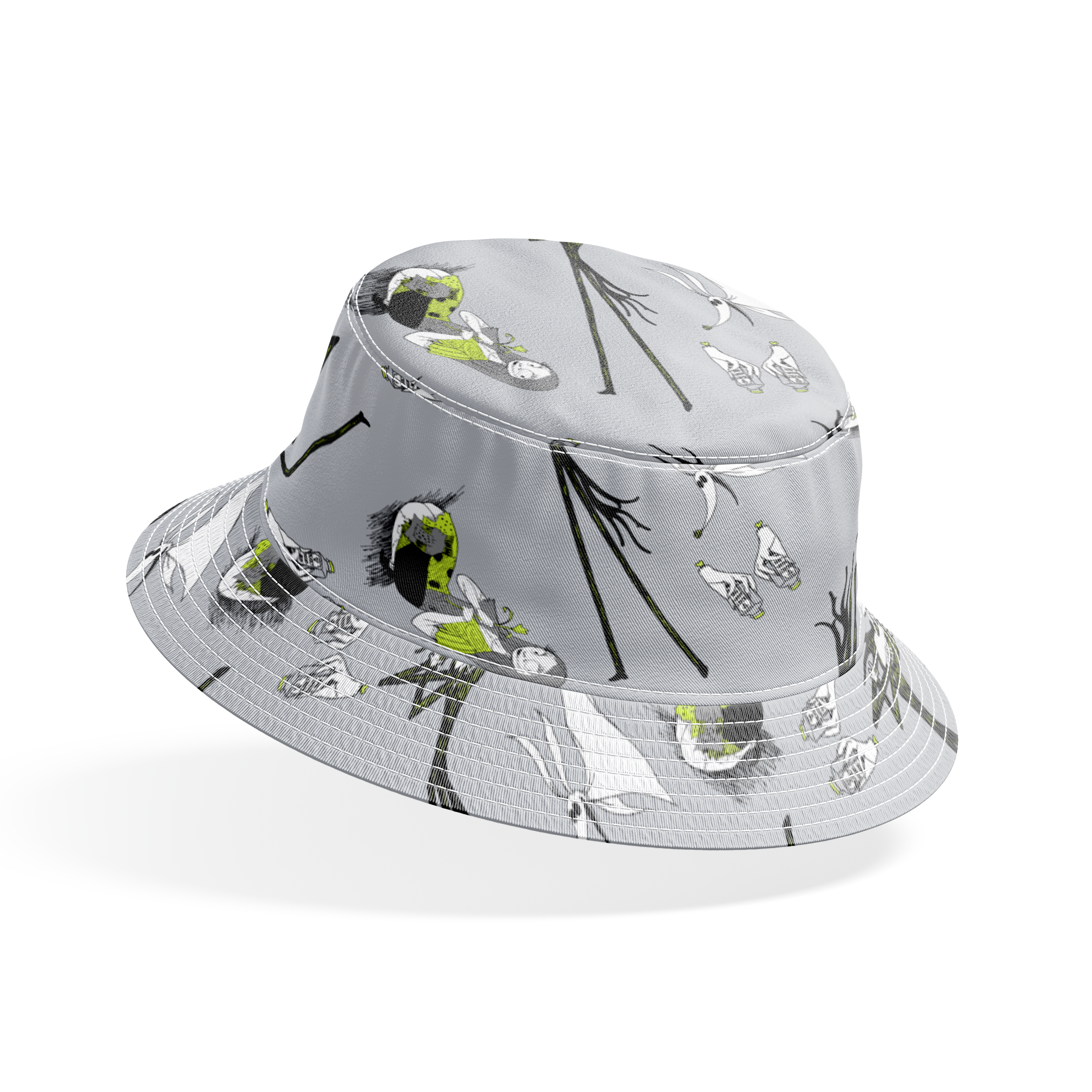 Spooky pattern with stylized ghostly figures, skeletal creatures, and green accents on gray background bucket hat mockup