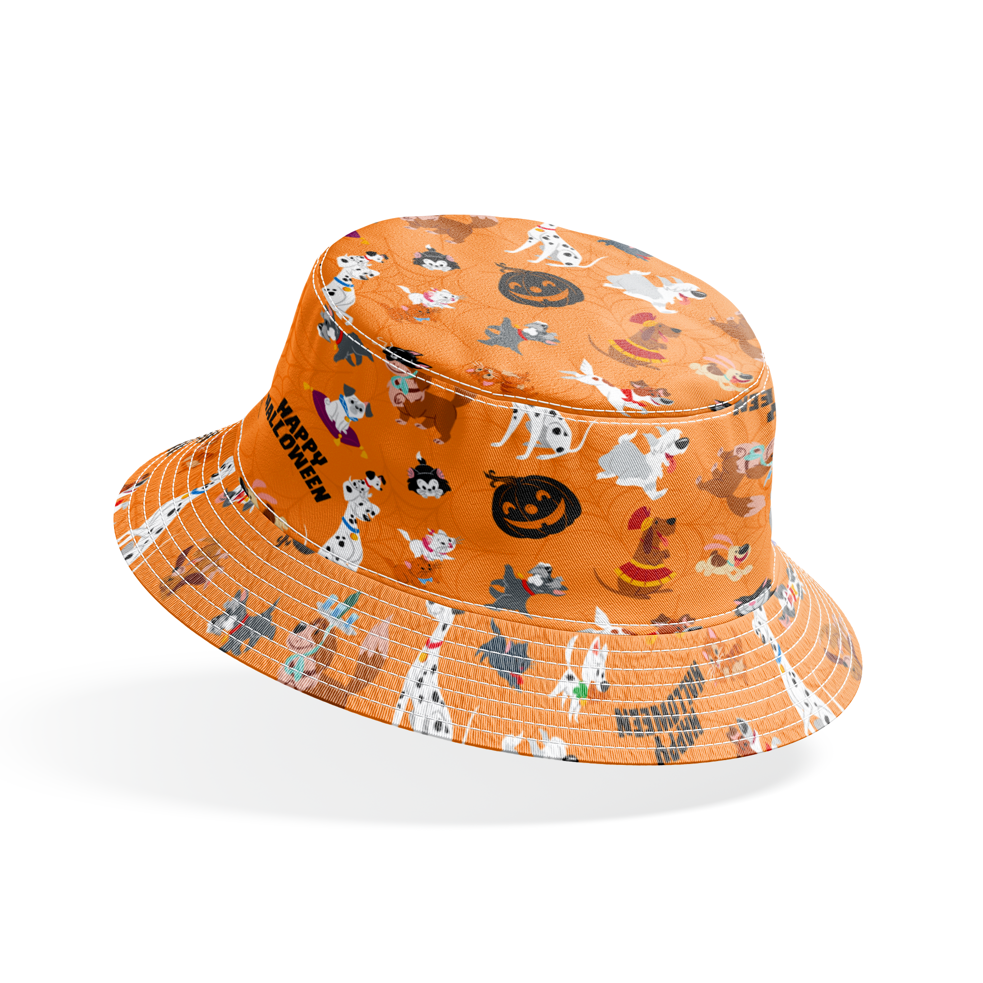 Cartoon dogs in Halloween pattern with pumpkins and "Happy Halloween" text on orange background bucket hat mockup