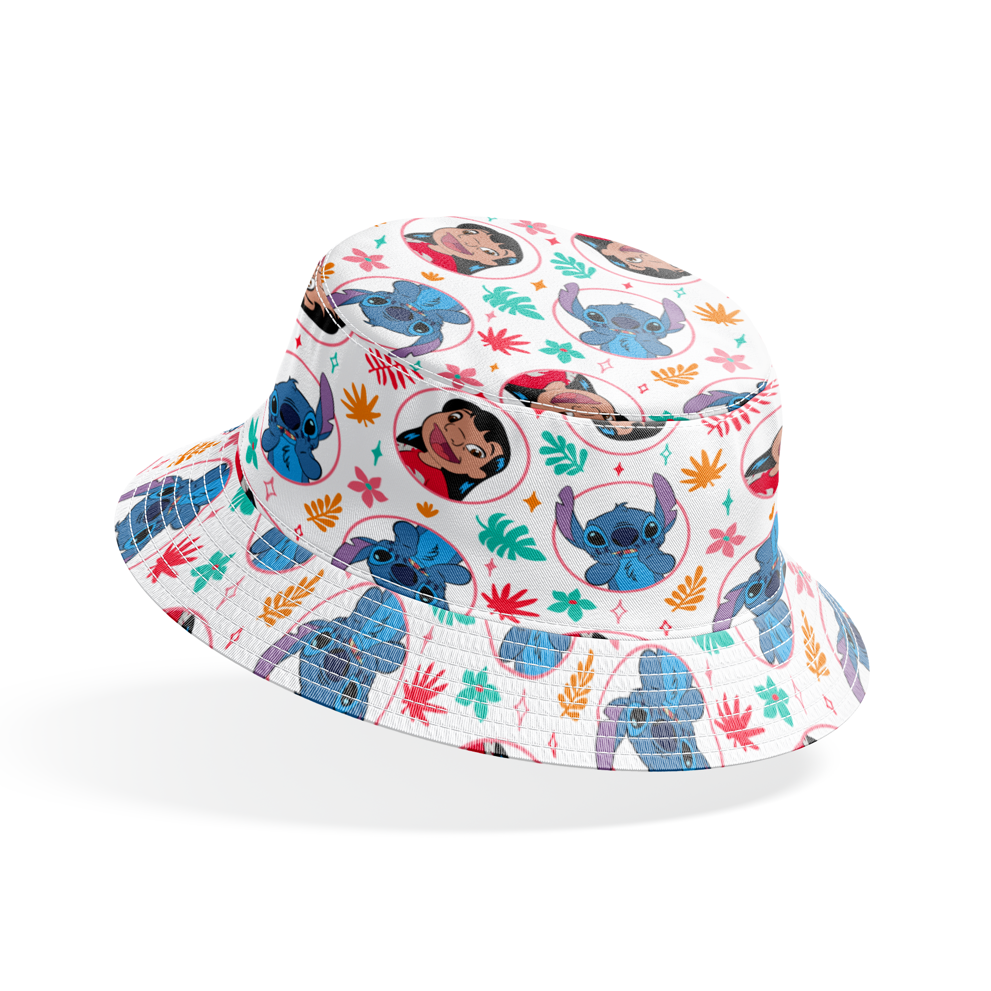 Colorful cartoon pattern with Lilo and Stitch in circles, surrounded by tropical leaves and stars bucket hat mockup