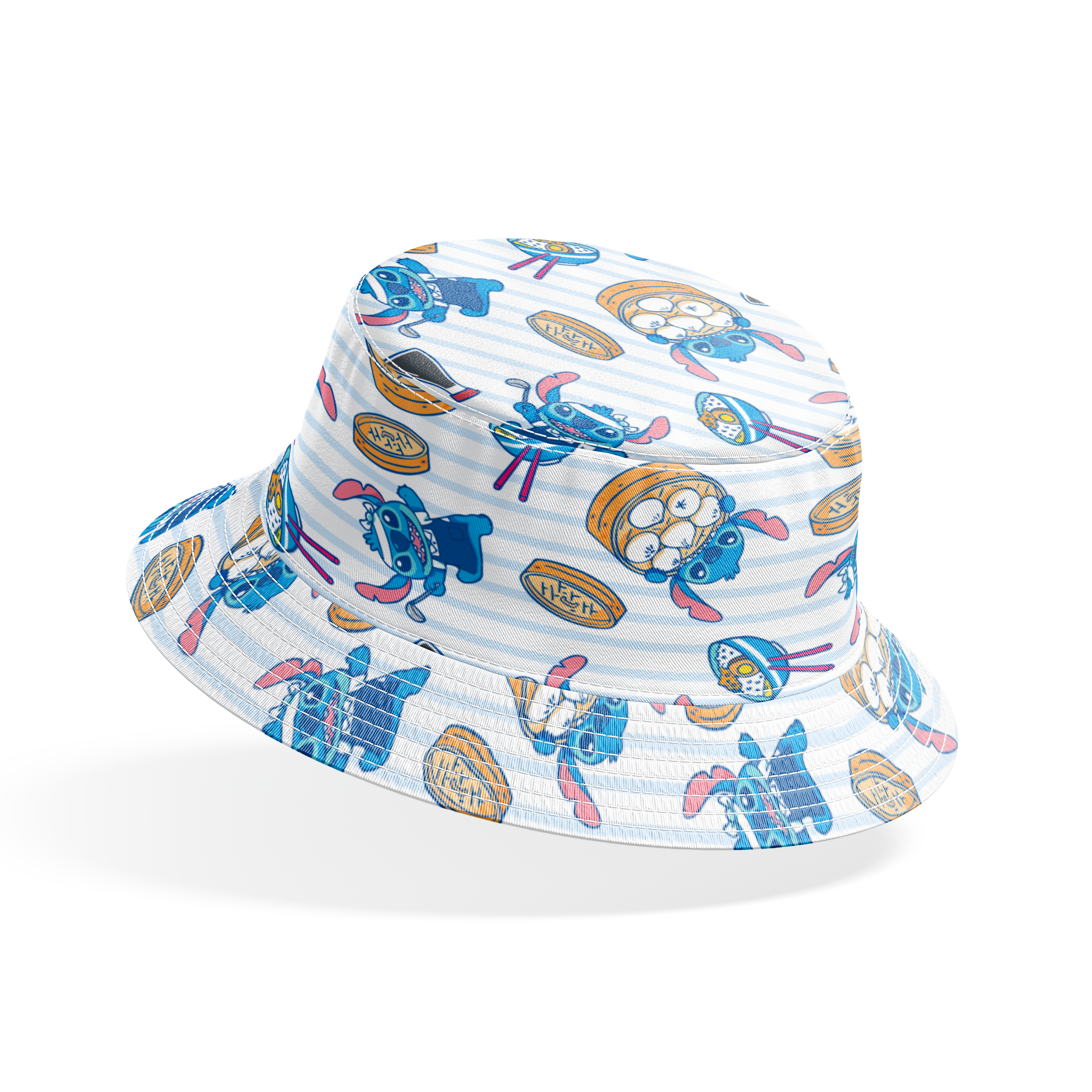 Cartoon Stitch with Chinese dim sum and dumplings on light blue striped background bucket hat mockup