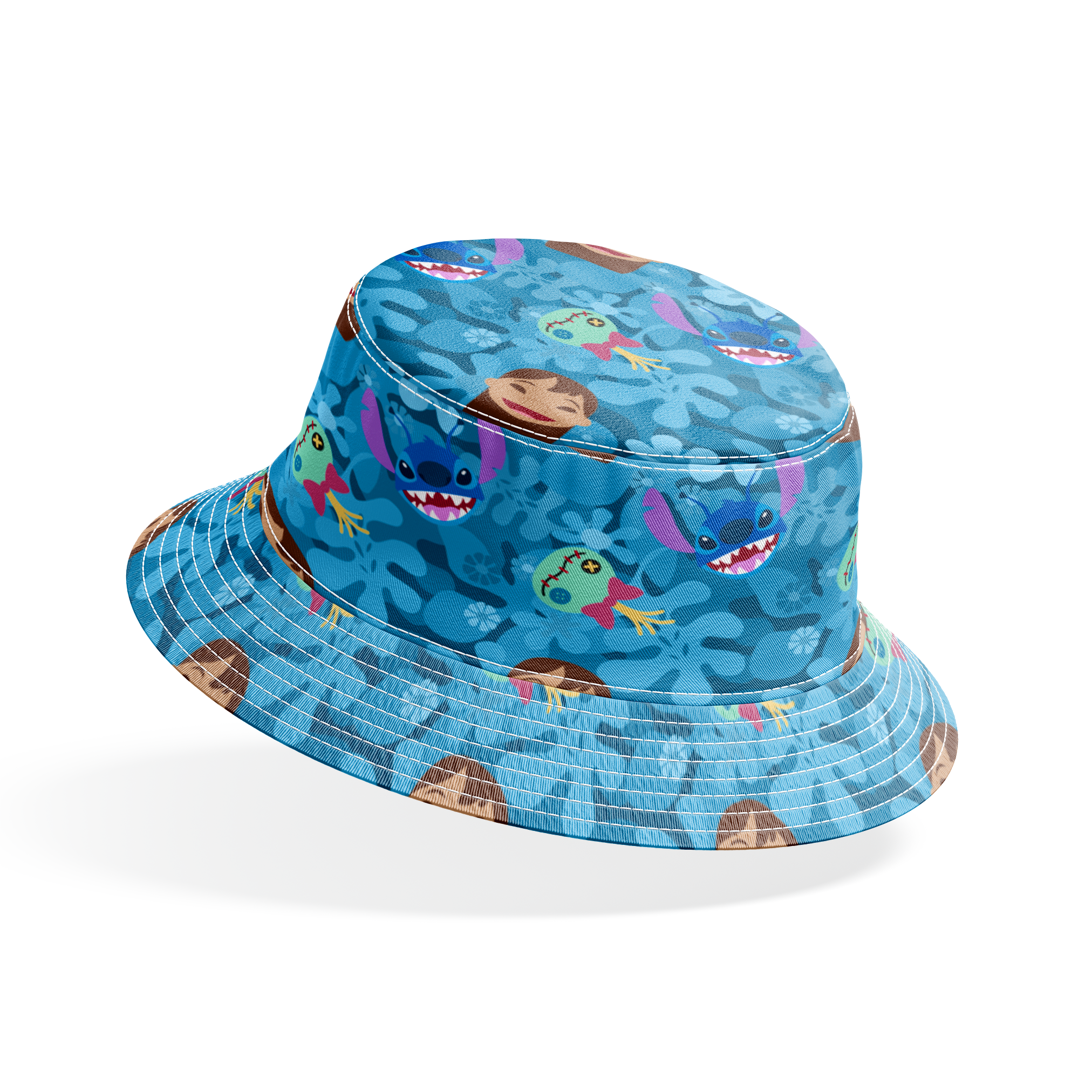 Disney's Stitch among floral elements and smiling faces on turquoise background bucket hat mockup