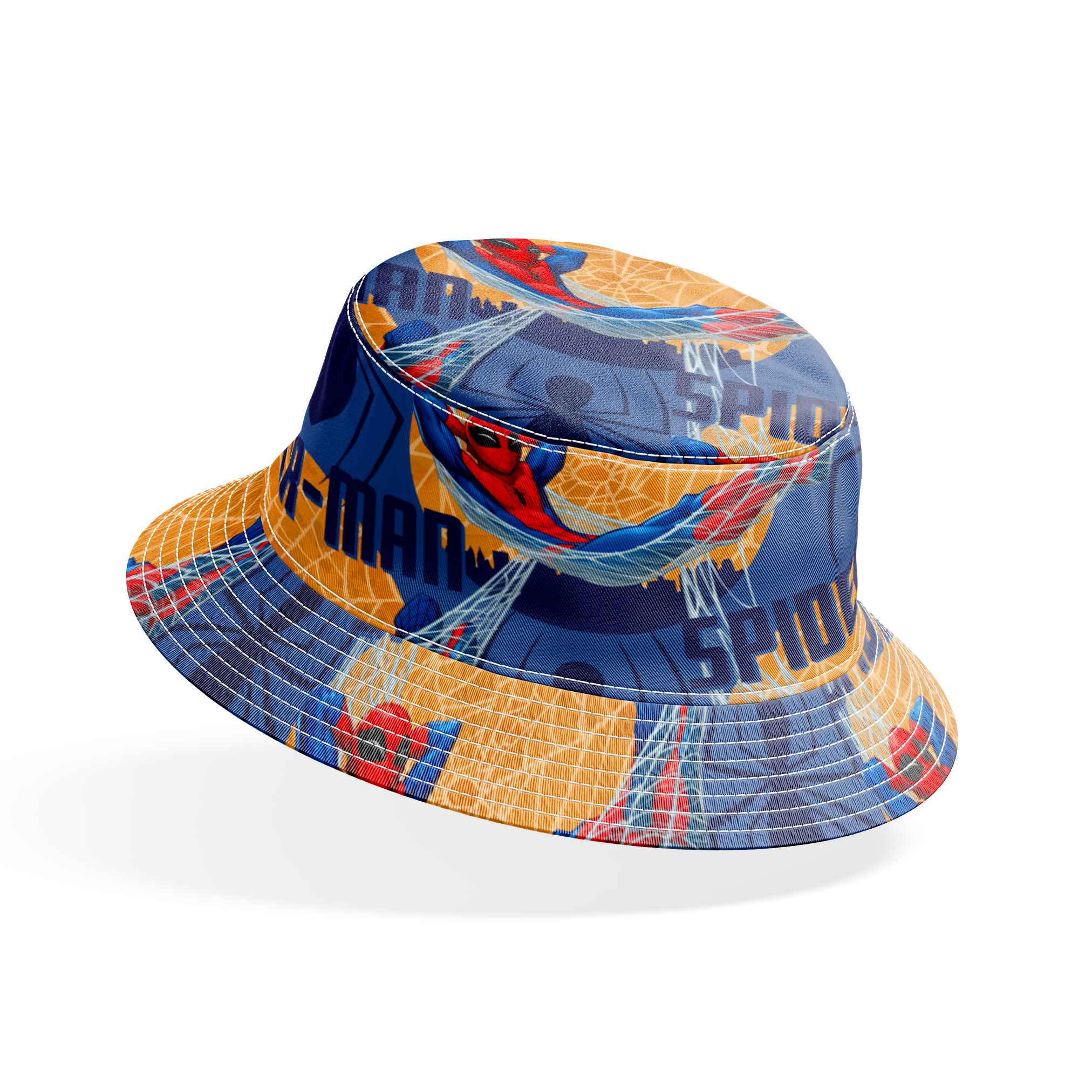 Spider-Man pattern with cartoon superhero in red and blue swinging on webbing against navy and gold background bucket hat mockup
