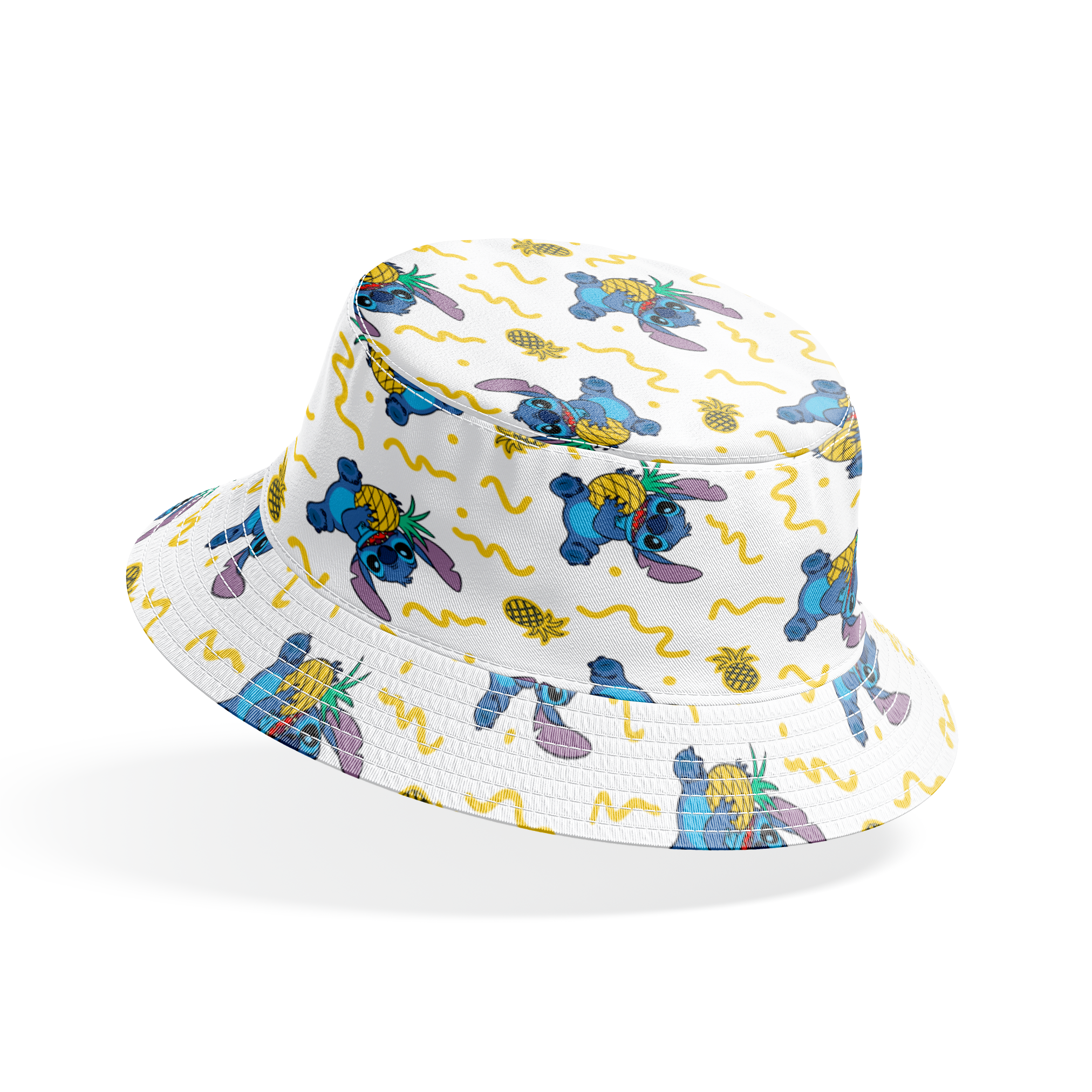 Disney's Stitch holding pineapples with yellow squiggly lines on white background pattern bucket hat mockup