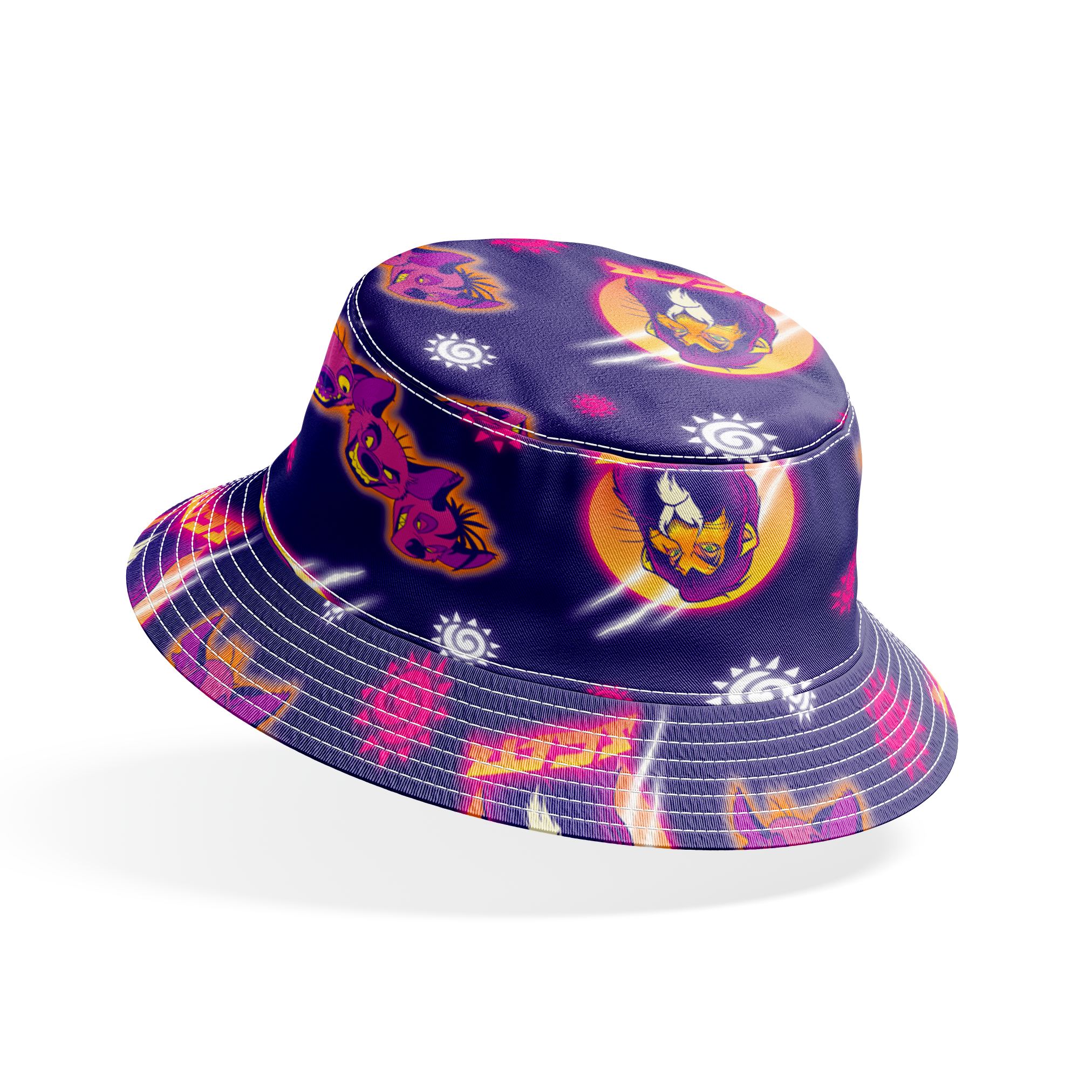Lion and hyena characters pattern with suns on purple background, Disney's Lion King inspired design bucket hat mockup