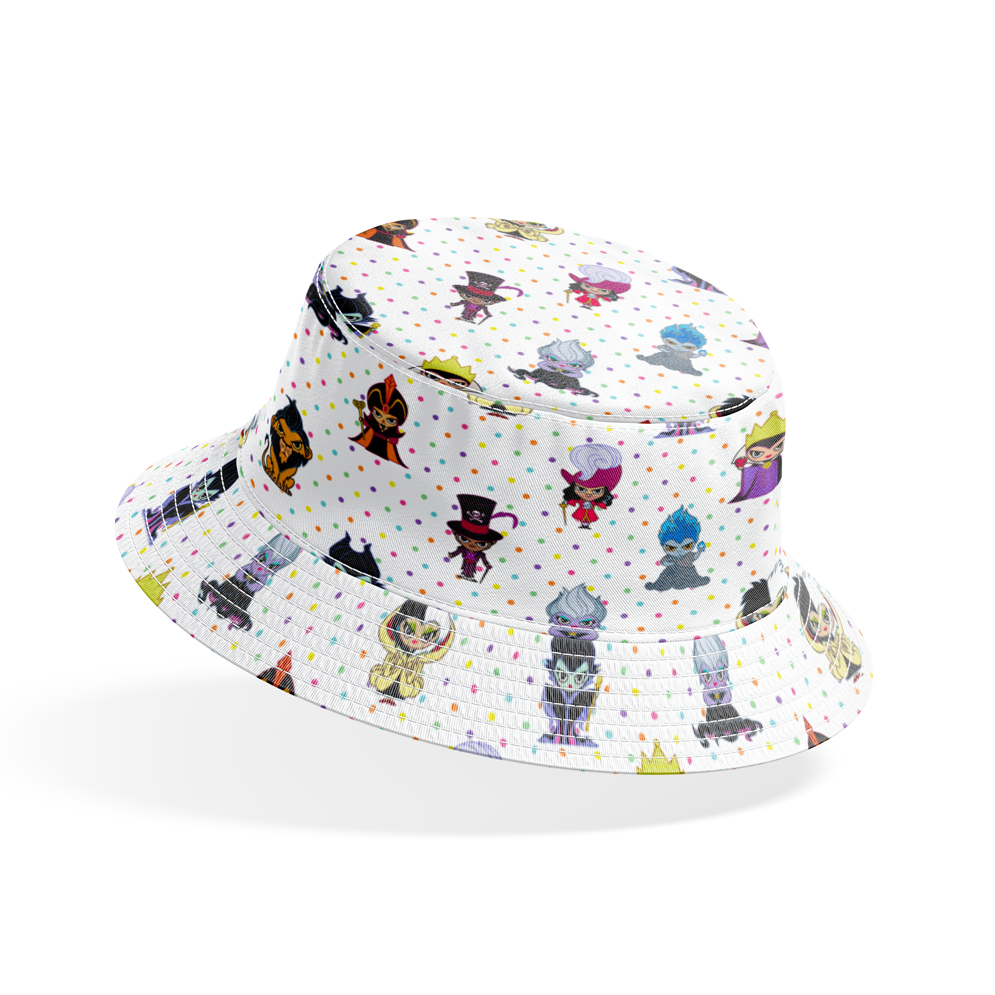 Cartoon Disney villain characters in chibi style scattered on polka dot background, including figures with crowns, capes, and distinctive colorful designs bucket hat mockup