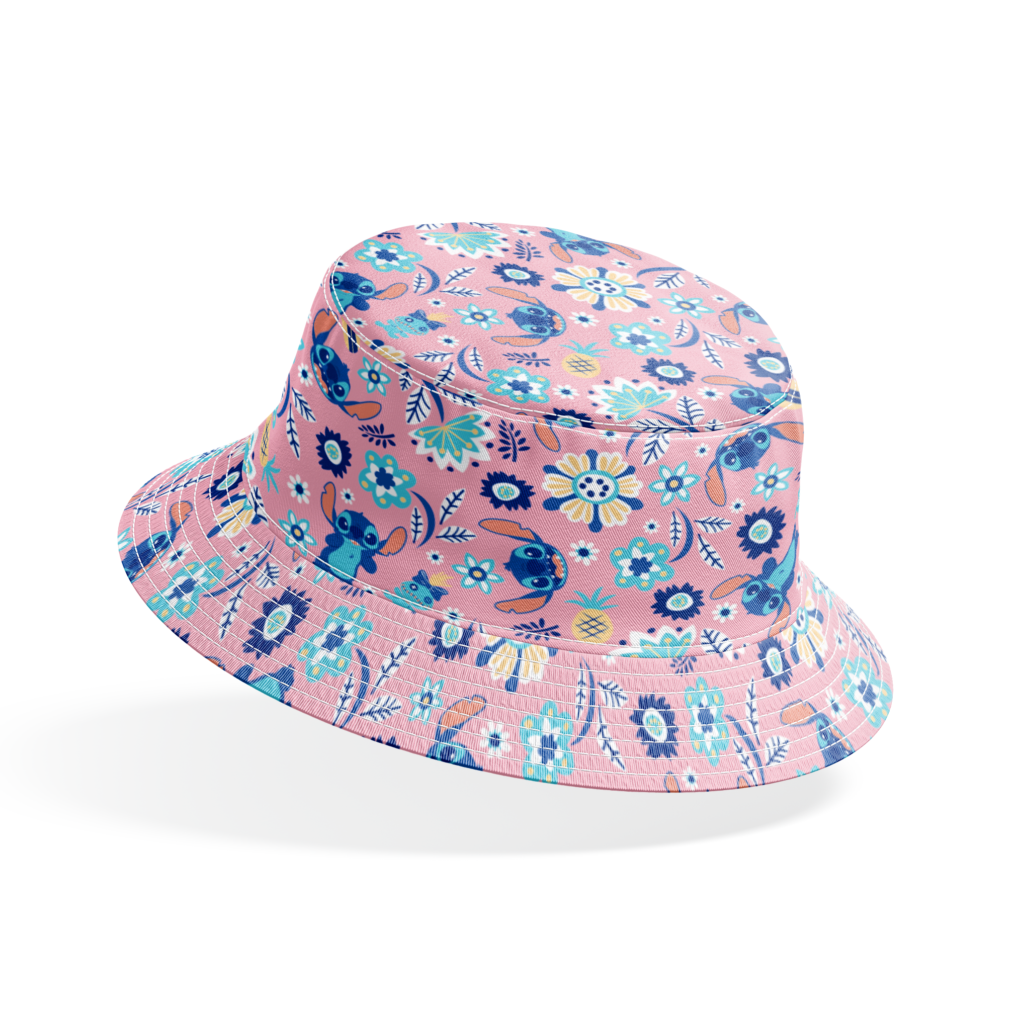Floral pattern with Disney's Stitch, white daisies, and mint green accents on pink background bucket hat mockup