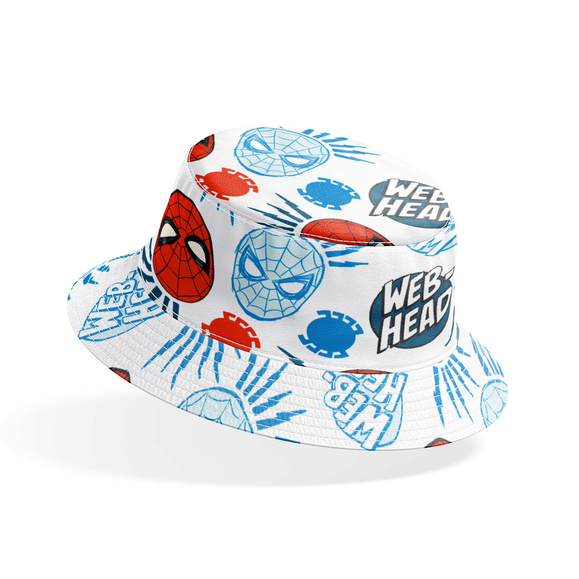 Spider-Man masks pattern with blue and red heads, "WEB HEAD" text, and radiating lines on white background. bucket hat mockup
