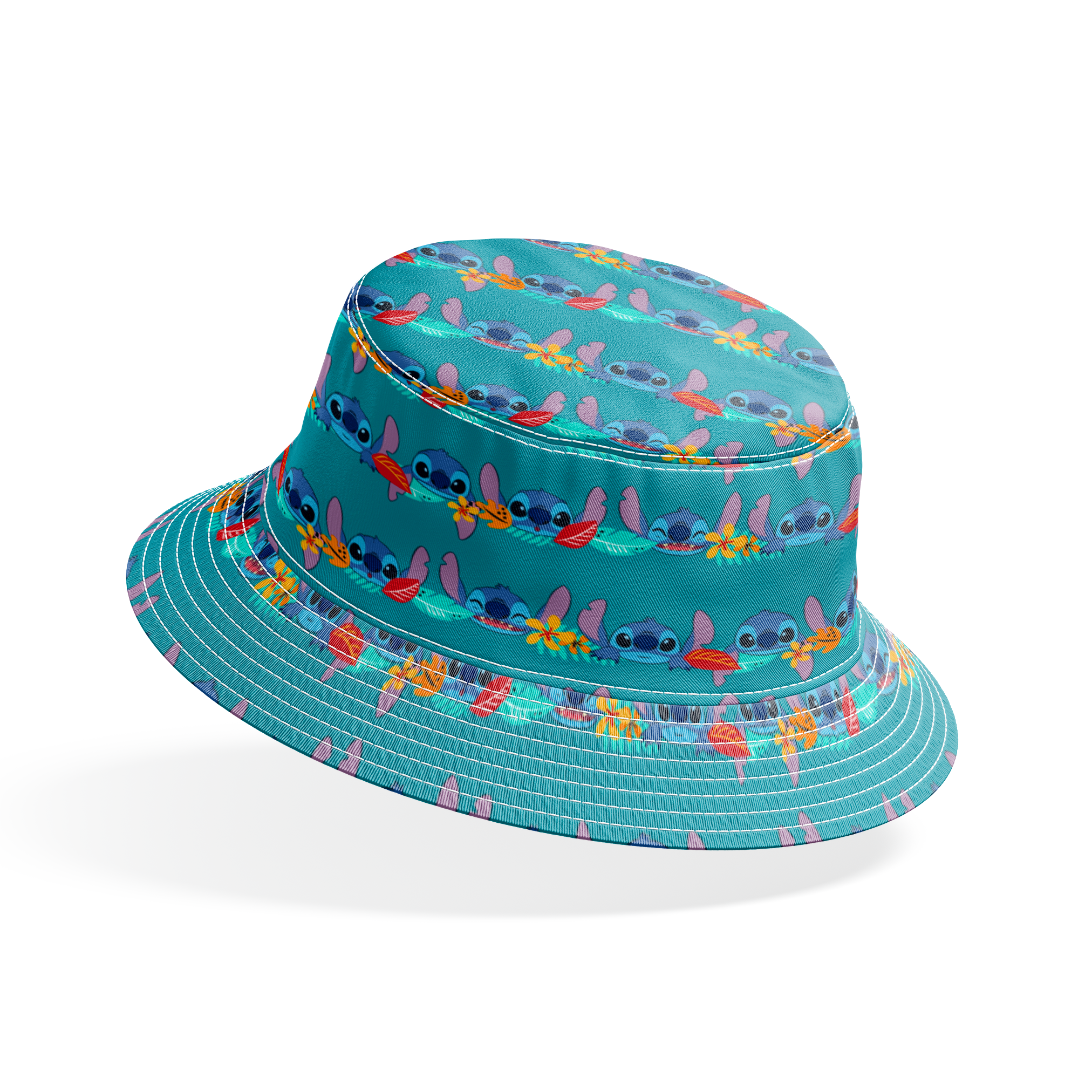 Repeating stripe design with Disney’s Stitch peeking between rows of tropical hibiscus flowers and colorful leaves on a teal background. bucket hat mockup