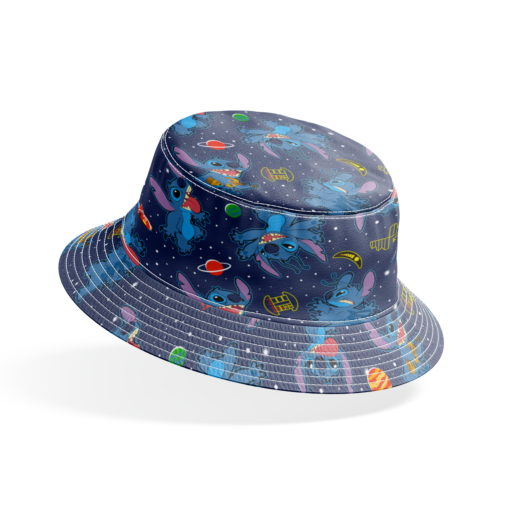 Disney's Stitch floating in space with planets, stars, and spaceships on dark background pattern bucket hat mockup