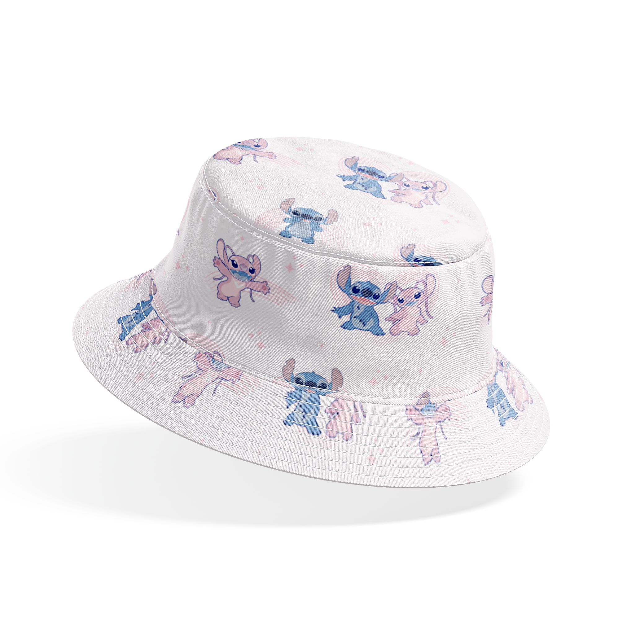 Cartoon pattern of blue and pink Stitch characters from Lilo & Stitch with playful poses on pale background bucket hat mockup