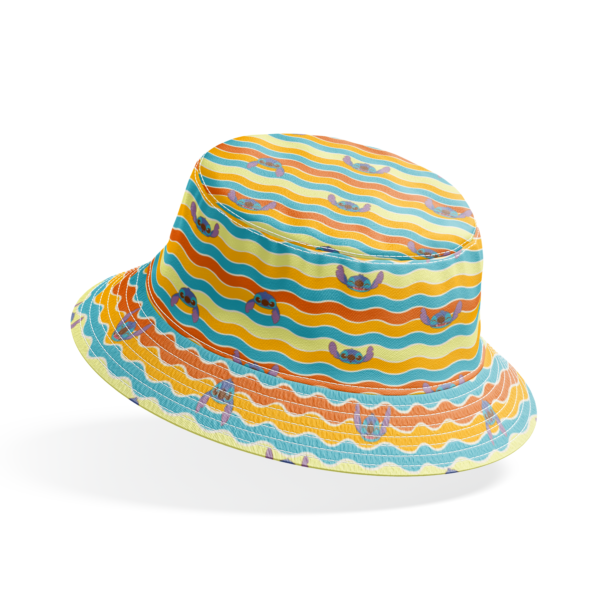 Colorful wavy striped pattern with Stitch peeking between orange, yellow, and teal waves bucket hat mockup
